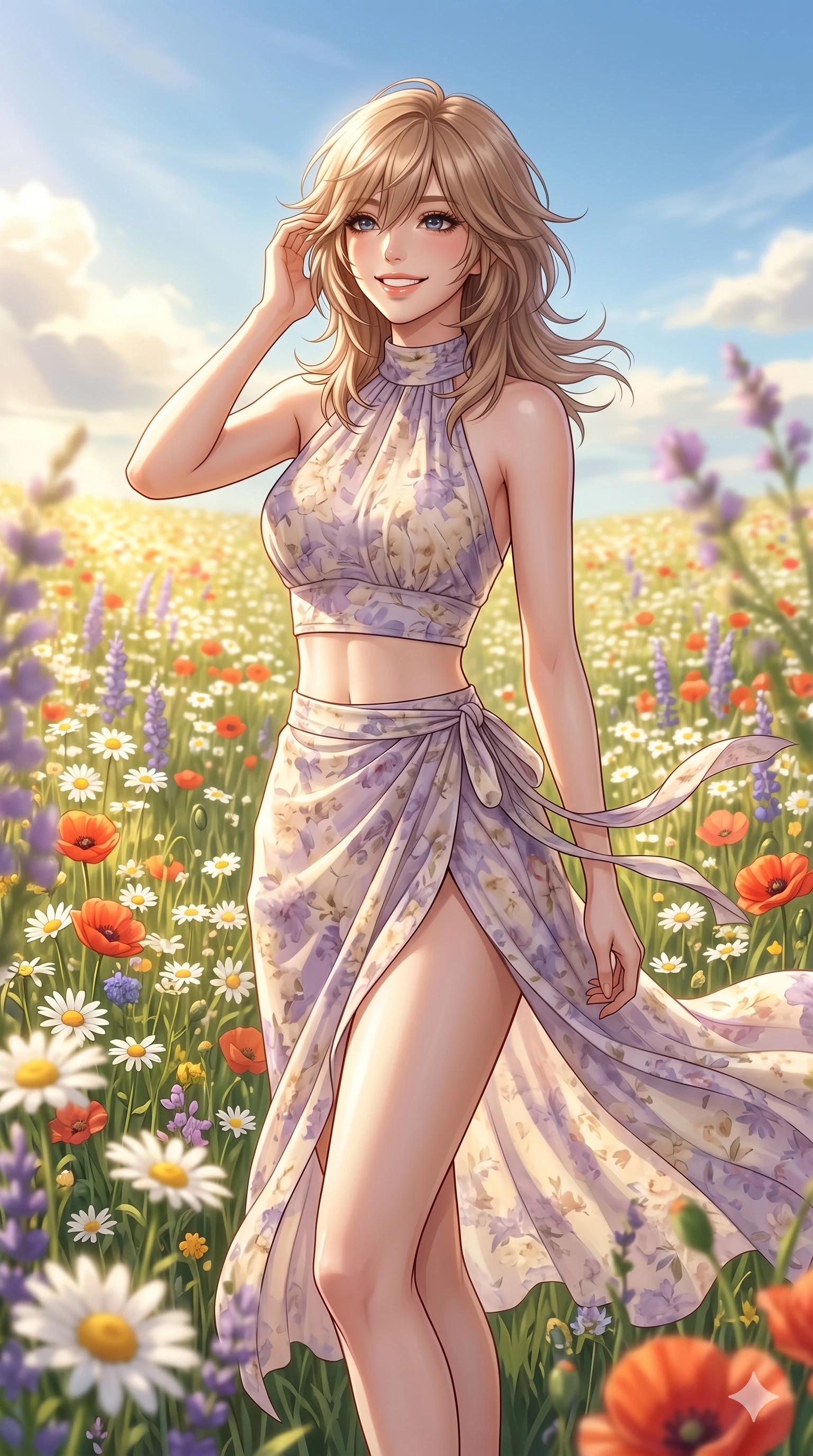 score_9, masterpiece, best quality, ultra-detailed, high-budget anime keyframe, editorial fashion photography, tasteful artistic composition, Japanese woman. cowboy shot from the thighs up, character and outfit filling the frame for maximum editorial presence. smiling happily, one hand brushing back her hair in the warm breeze in the middle of a wildflower meadow under a bright sunny sky. She has an absolutely perfect 8-heads proportion, an exceptionally tall and slender female figure with impossibly long slender legs and an ultra-slim waist. V-shaped jawline, high-bridge nose, intricate jewel-like eyes with depth, thick eyelashes, glossy lips with a natural sheen. wearing a lightweight chiffon crop halter top and a matching wrap skirt with a high side slit. drenched in bright afternoon sunshine casting warm rays over the flower field. 2k, ultra detail, master piece, 9:16 ratio