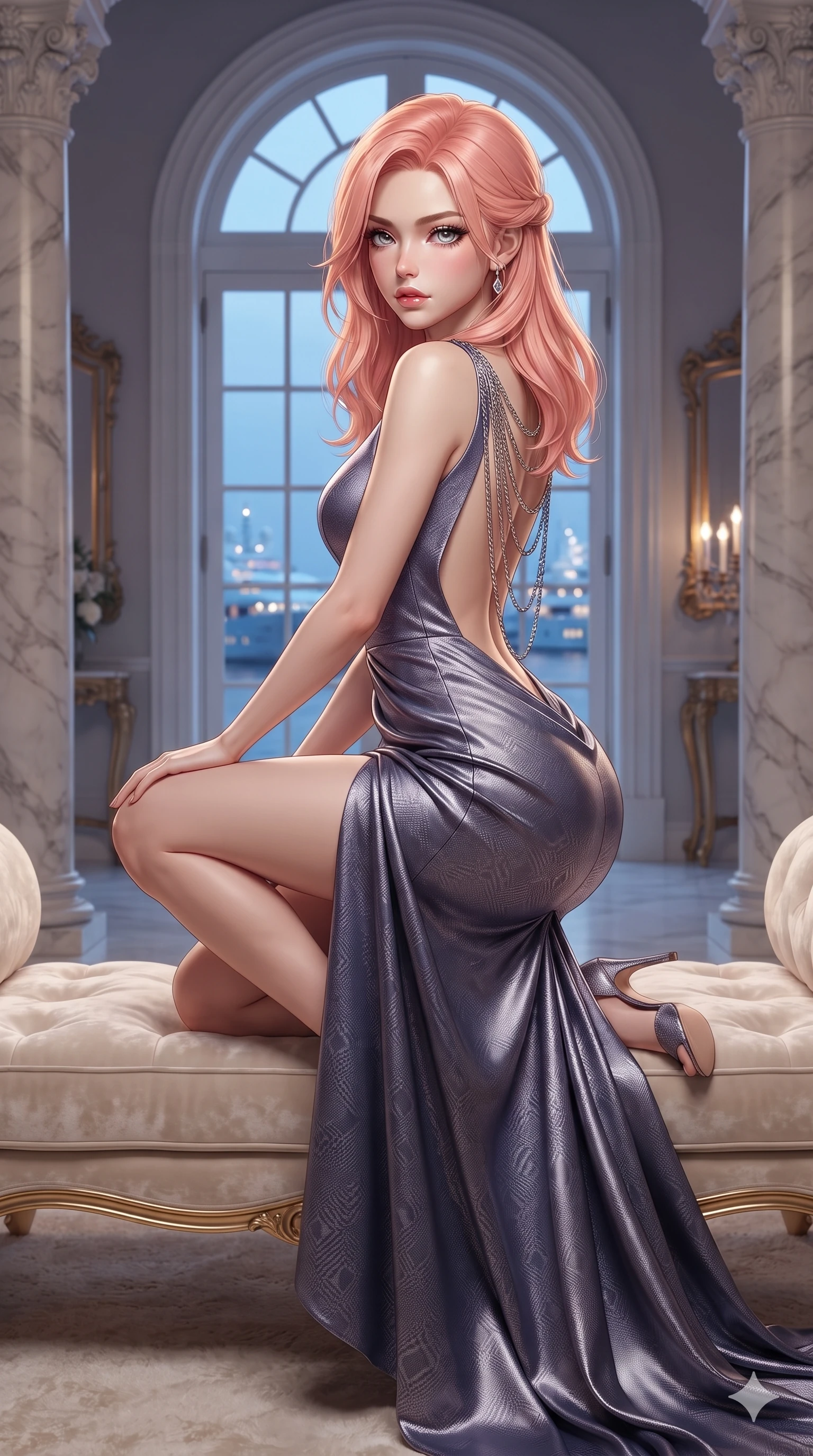 score_9, masterpiece, best quality, ultra-detailed, high-budget anime keyframe, editorial fashion photography, tasteful artistic composition, Japanese woman. close-up cowboy shot from the waist and thighs up, the character dominates the composition, filling the frame with her large presence. perched sideways on the lounge seat, one knee drawn up to showcase her slender leg line while her arched back accentuates her feminine hip curve while standing poised between towering fluted Corinthian columns, twisting her slender torso in an alluring contrapposto stance beside towering arched French doors. The composition keeps background elements in soft focus with creamy bokeh: towering arched windows revealing illuminated Mediterranean yachts, gilded pier mirrors, and fluted marble pillars blurred into sapphire, gold, and aquamarine bokeh. She has an exceptionally elegant, slender, and willowy female figure with an ultra-slim waist, flat toned midriff, narrow ribcage, and sculpted feminine hips creating an alluring, slim hourglass silhouette without bulk. sharp v-shaped jawline, high-bridge nose, intricate jewel-like eyes with depth, thick eyelashes, glossy parted lips with a natural sheen, intensely captivating and seductive bedroom-eyes expression, flawlessly proportioned anatomical accuracy, strict slender model proportions, natural body alignment, perfectly sculpted long slender limbs, ultra-slim waistline, clean dynamic posture without body distortion. wearing an open-back duchess satin gala gown with dramatic hip-hugging drape and cascading trailing hem in Highland heather violet and slate granite, woven from structured carbon-fiber jacquard with rich textural depth, accented with an open-back drape framed by falling strands of delicate chrome chains, the second-skin form-contouring cut accentuating her sculpted flat midriff, narrow delicate ribcage, and gracefully curvy hips with supermodel precision. illuminated by cool Mediterranean twilight streaming through arched windows mixed with warm interior chandelier bounce. ultra-reflective glossy finish, specular highlights, rich textural contrasts, high-contrast stereoscopic depth, volumetric dynamic lighting, 2k, ultra detail, master piece, 9:16 ratio