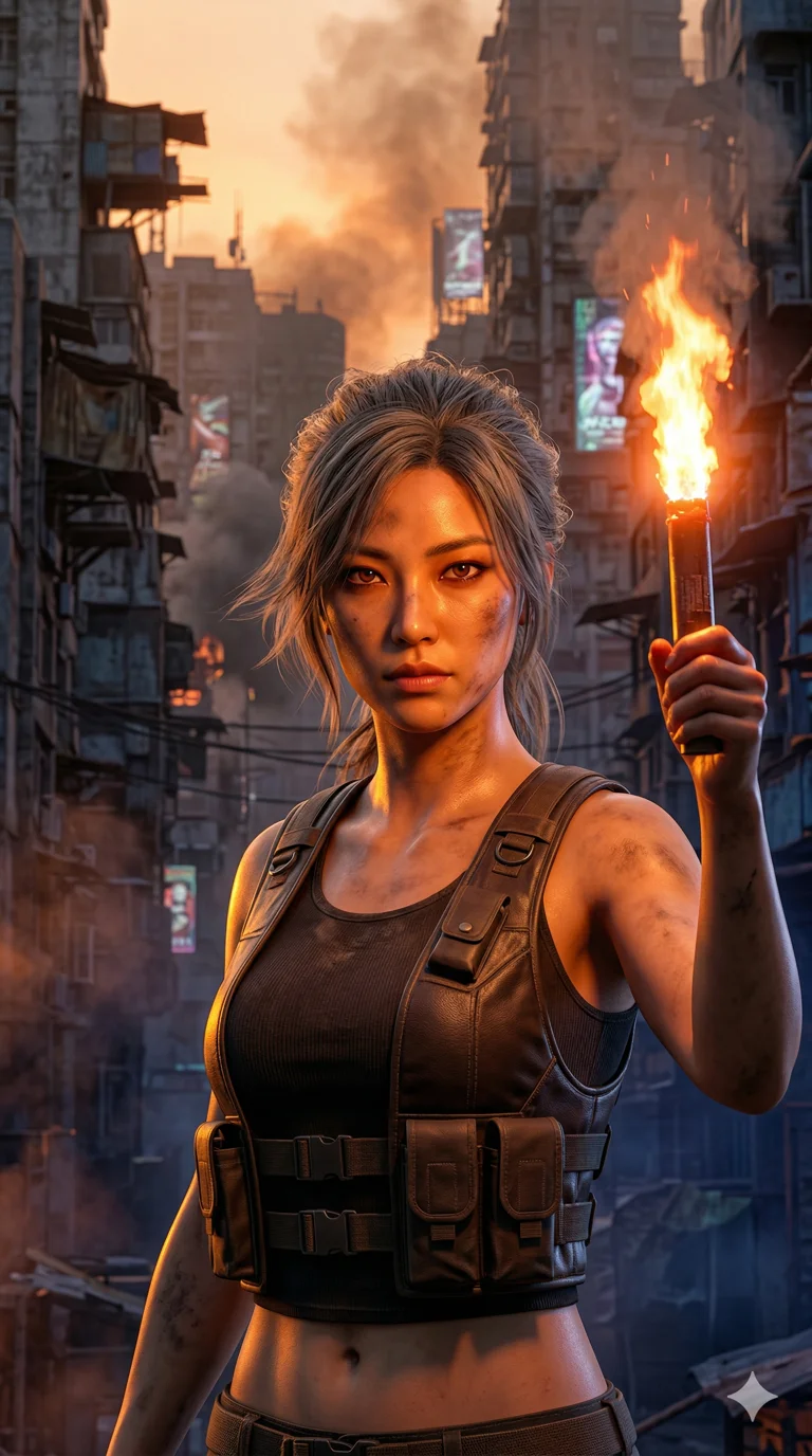 score_9, masterpiece, best quality, ultra-detailed, photorealistic 8k CG render, an incredibly beautiful Korean woman. Medium shot of upper body focusing on her alluring features. She is a rebel leader in a dystopian city, holding a glowing flare. She has an absolutely perfect 8-heads proportion, a towering and slender female figure. Her face is a masterpiece with ash brown hair and intense jewel-like eyes. She is wearing a form-fitting synthetic leather vest, midriff exposed, highlighting her alluring silhouette. Smoke and orange sunset light, dramatic rim lighting, radiant glowing skin, 2k, ultra detail, master piece, 9:16 ratio
