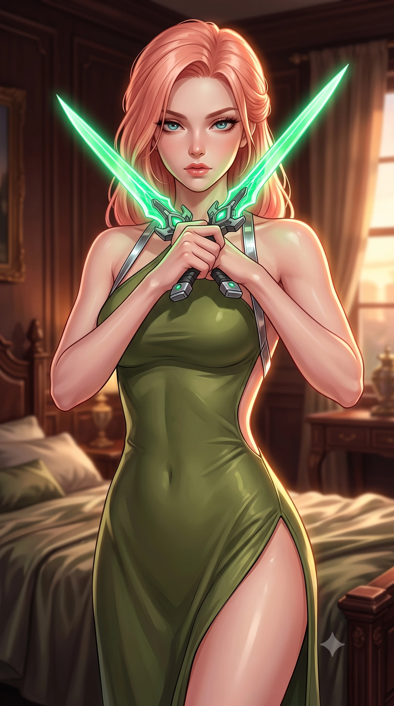 score_9, masterpiece, best quality, ultra-detailed, high-budget anime keyframe, editorial fashion photography, tasteful artistic composition, Japanese woman. close-up cowboy shot from the waist and thighs up, the character dominates the composition, filling the frame with her large presence, background elements kept in soft focus. holding two energy daggers crossed in front of her elegant collarbone, casting a heavy-lidded, sultry look, the background shows a soft-focus a citadel quarters bedroom with dark wood panels and silk sheets. She has an exceptionally elegant, slender, and willowy female figure with an ultra-slim waist, a gracefully sculpted slender torso, and a refined silhouette. sharp v-shaped jawline, high-bridge nose, intricate jewel-like eyes with depth, thick eyelashes, glossy lips with a natural sheen. wearing a form-contouring dramatic open-back maxi combat dress in olive green, featuring a high thigh slit and chrome straps. warm golden hour light tracing her silhouette with a soft glowing rim light. highly saturated vibrant anime colors, detailed shading with soft gradients, rich glossy textures, high-contrast stereoscopic depth, volumetric dynamic lighting, master piece, 9:16 ratio