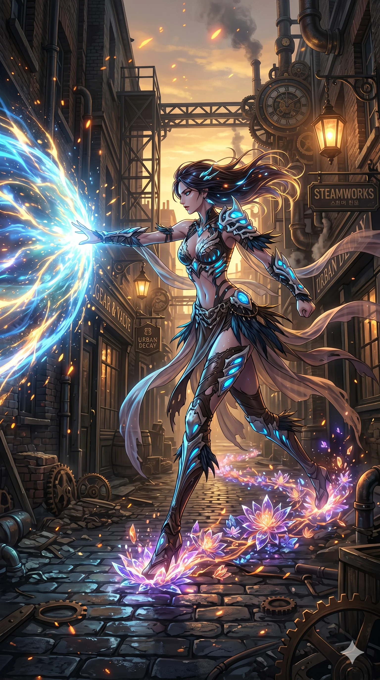 score_9, masterpiece, best quality, ultra-detailed, Set A: High-budget Anime Keyframe, Korean woman. Low angle cowboy shot filling the entire 9:16 frame with her statuesque presence. Theme: Urban Decay. unleashing a massive energy wave in a steampunk London alleyway, while she leaves a trail of 166 blooming crystal flowers. The atmosphere is filled with golden hour with floating embers. She has an absolutely perfect 8-heads proportion, an exceptionally tall and slender female figure with impossibly long slender legs and an ultra-slim waist. Sharp v-shaped jawline, high-bridge nose, intricate jewel-like eyes with depth, glossy lips. Wearing Primal jungle-warrior outfit with bioluminescent bone-armor and sheer silk wraps. Cinematic lighting, vivid colors, dramatic shadows, 2k, ultra detail, master piece, 9:16 ratio