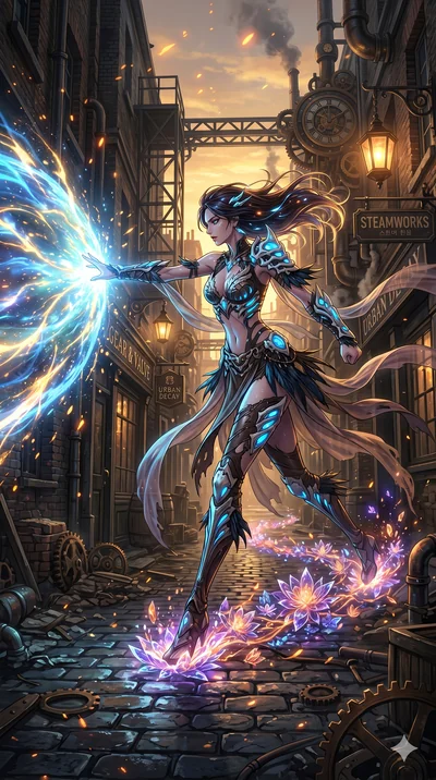 score_9, masterpiece, best quality, ultra-detailed, Set A: High-budget Anime Keyframe, Korean woman. Low angle cowboy shot filling the entire 9:16 frame with her statuesque presence. Theme: Urban Decay. unleashing a massive energy wave in a steampunk