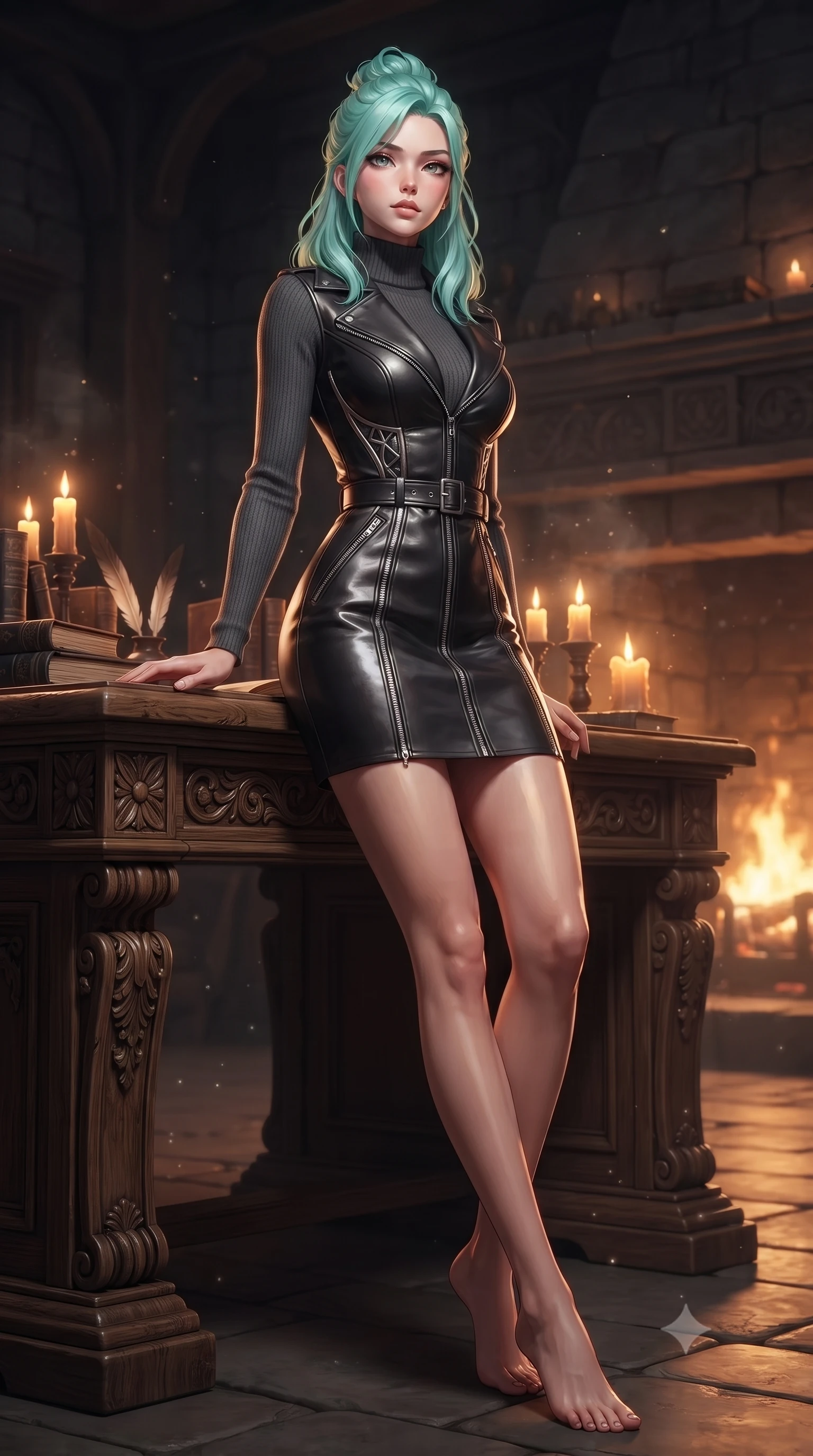 score_9, masterpiece, best quality, ultra-detailed, high-budget anime keyframe, editorial fashion photography, tasteful artistic composition, Japanese woman. low angle full-body shot from head to toe showing her feet, filling the entire 9:16 vertical frame with her statuesque presence, stretching her vertical silhouette. forging confidently through the floating mist, holding a poised statuesque stance, leaning against a heavy carved oak desk lit by flickering amber candles, smooth skin finish glinting with warm amber specular highlights. She has an absolutely perfect, statuesque 8.5-heads proportion, an exceptionally tall and slender model-like female figure with impossibly long slender legs and an ultra-slim waist. sharp v-shaped jawline, high-bridge nose, intricate jewel-like eyes with depth, thick eyelashes, glossy lips with a natural sheen. wearing structured charcoal trench dress over sleek turtleneck in dark charcoal gray, made of polished black leather, finished with metallic silver boning and sleek zipper points, the fitted fabric emphasizing her ultra-slim waist. illuminated by warm orange firelight radiating from the stone hearth. ultra-reflective glossy finish, specular highlights, metallic sheen, high-contrast stereoscopic depth, volumetric dynamic lighting, 2k, ultra detail, master piece, 9:16 ratio