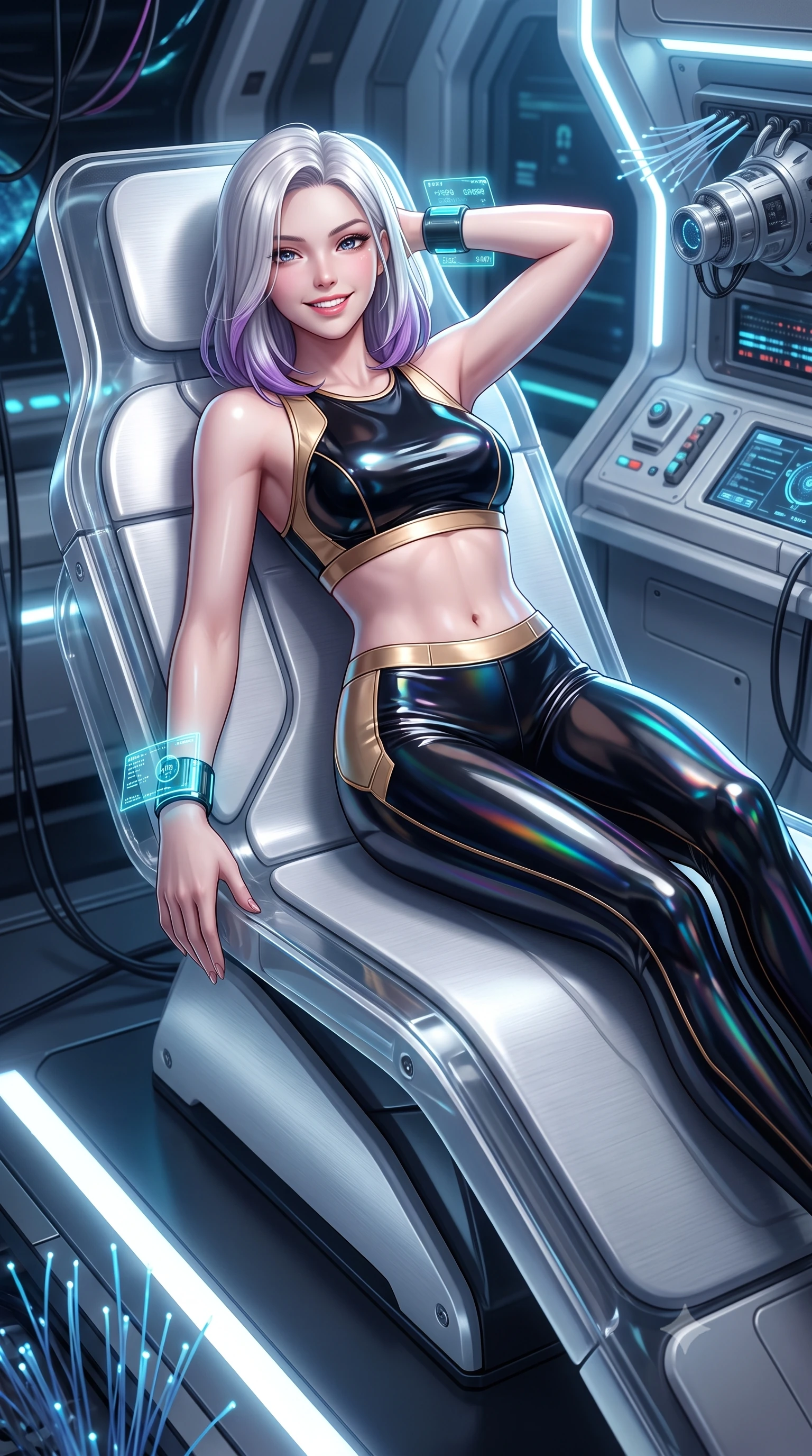 score_9, masterpiece, best quality, ultra-detailed, high-budget anime keyframe, semi-realistic 3D game render, editorial fashion photography, tasteful artistic composition, Caucasian woman. close-up cowboy shot from the waist and thighs up, the character dominates the composition, filling the frame with her large presence. leaning back against the glowing maintenance bulkhead with relaxed seductive grace, her flat midriff and narrow waist highlighted as laser ambient light traces her curves while lounging gracefully on an ergonomic anti-gravity examination recliner, her long slender limbs and hourglass curves radiating high-tech allure. The surrounding environment is rendered in vivid detail and crisp panoramic clarity: sharp fiber-optic light tips, brushed white composite surfaces, and neural port hardware clarity in deep focus. She has an exceptionally elegant, slender, and willowy female figure with an ultra-slim waist, flat toned midriff, narrow ribcage, and sculpted feminine hips creating an alluring, slim hourglass silhouette without bulk. sharp v-shaped jawline, high-bridge nose, intricate jewel-like sparkling eyes with depth, thick eyelashes, glossy parted lips with a natural sheen, bright confident smile with an enchanting and coquettish sensual glint, exuding both youthful magnetic charm and sovereign high-tech allure, flawlessly proportioned anatomical accuracy, strict slender model proportions, natural body alignment, perfectly sculpted long slender limbs, ultra-slim waistline, clean dynamic posture without body distortion. wearing a tactical racerback athletic crop top paired with skin-tight high-waisted holographic combat leggings in glossy onyx black and warm champagne gold hardware, tailored from ultra-reflective glossy liquid vinyl with mirror-like specular highlights, featuring sleek glowing cyan HUD display wrist cuffs with floating data telemetry, the form-fitting tactical tailoring adhering flawlessly to her sculpted flat midriff and slender torso, emphasizing her long leg lines and perfectly proportioned willowy build. illuminated by floor light strips and sharp icy-platinum rim lights defining her sculpted collarbones, ultra-slim waist, and curvy hips. highly saturated vibrant anime colors, detailed shading with soft gradients, rich glossy textures, high-contrast stereoscopic depth, volumetric dynamic lighting, master piece, 9:16 ratio