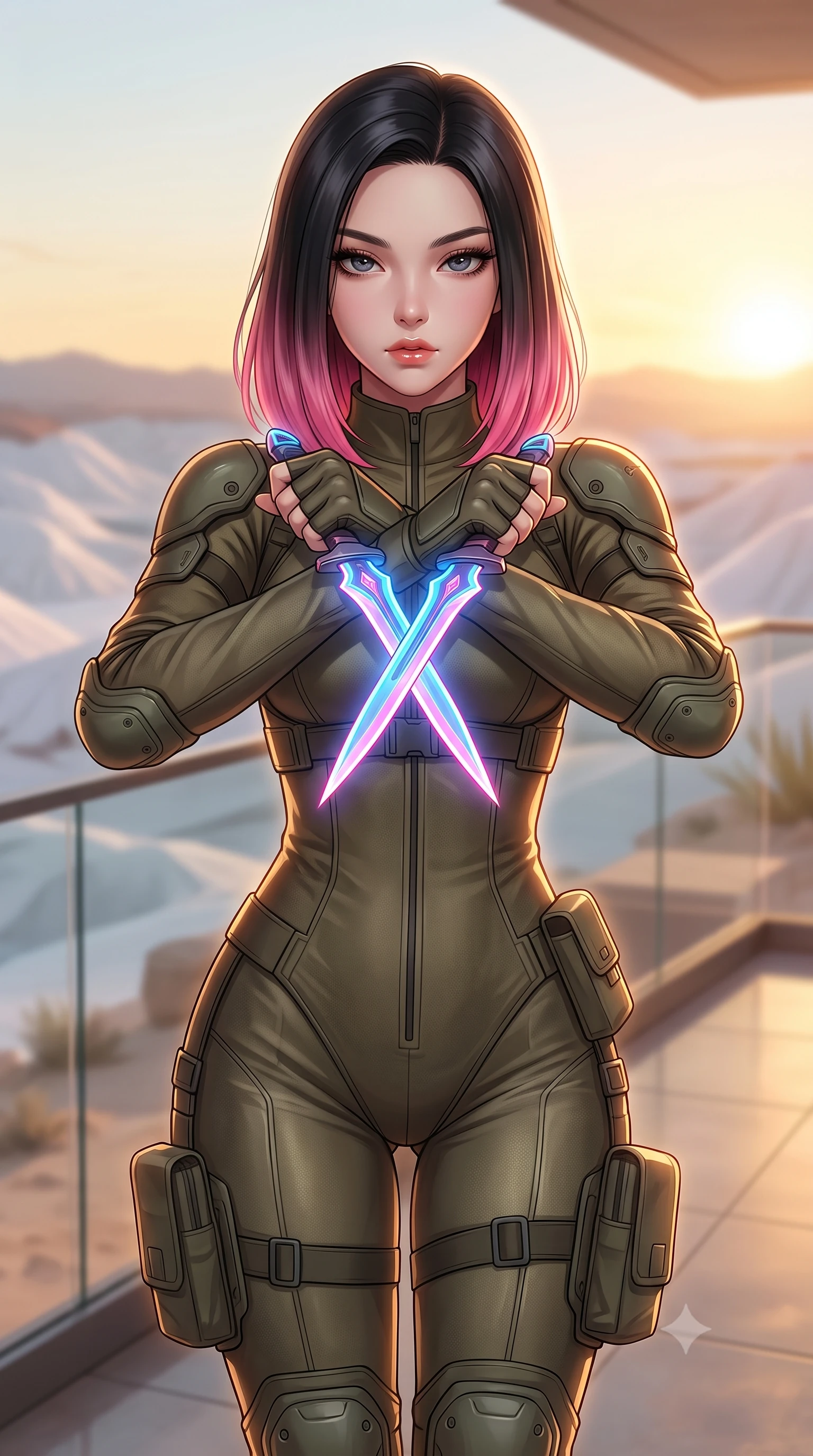 score_9, masterpiece, best quality, ultra-detailed, high-budget anime keyframe, editorial fashion photography, tasteful artistic composition, Korean woman. close-up cowboy shot from the waist and thighs up, the character dominates the composition, filling the frame with her large presence, background elements kept in soft focus. holding two energy daggers crossed in front of her elegant collarbone, casting a heavy-lidded, sultry look, the background shows a soft-focus a desert villa balcony with glass railings overlooking white salt hills. She has an exceptionally elegant, slender, and willowy female figure with an ultra-slim waist, a gracefully sculpted slender torso, and a refined silhouette. sharp v-shaped jawline, high-bridge nose, intricate jewel-like eyes with depth, thick eyelashes, glossy lips with a natural sheen. wearing a form-contouring high-collared utility combat jumpsuit made of rugged olive-drab ballistic fabric with protective knee guards. warm golden hour sunset tracing her silhouette with a soft glowing rim light. highly saturated vibrant anime colors, detailed shading with soft gradients, rich glossy textures, high-contrast stereoscopic depth, volumetric dynamic lighting, master piece, 9:16 ratio