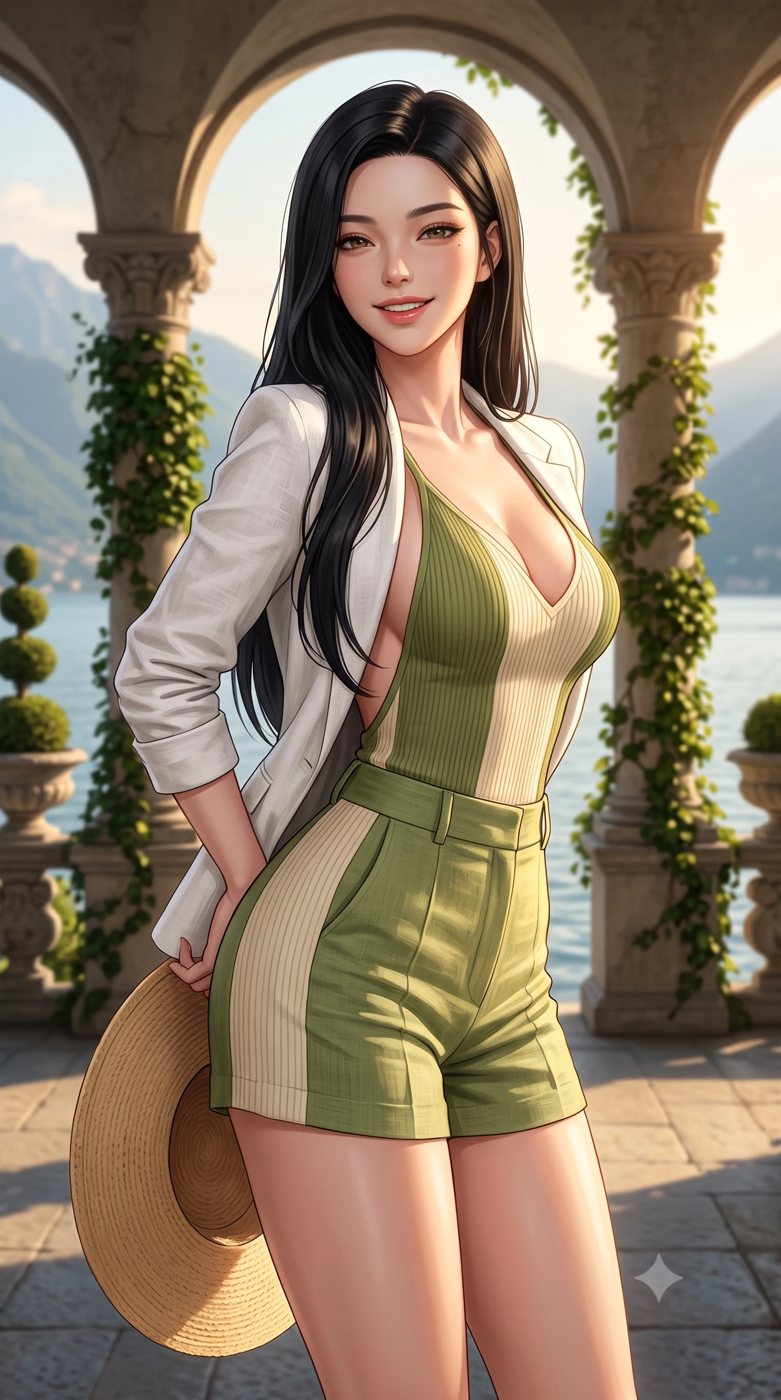 score_9, masterpiece, best quality, ultra-detailed, high-budget anime keyframe, semi-realistic 3D game render, editorial fashion photography, tasteful artistic composition, Korean woman. close-up cowboy shot from the waist and thighs up, the character dominates the composition, filling the frame with her large presence. resting both hands lightly behind her back while leaning toward the lens with a cheerful, teasing grin, her form-fitting outfit hugging her narrow waist and feminine hip curve while standing between the classical stone arches of the iconic lakefront loggia, arching her back with regal elegance against the mountain-framed lake. The composition keeps background elements in soft focus with dreamy creamy bokeh. sculpted topiaries and climbing ficus vines softened in historic aristocratic shallow focus. She has an exceptionally elegant, slender, and willowy female figure with an ultra-slim waist, flat toned midriff, narrow ribcage, and sculpted feminine hips creating an alluring, slim hourglass silhouette without bulk. sharp v-shaped jawline, high-bridge nose, sparkling amber-hazel eyes with depth, long lush eyelashes, glossy sun-kissed lips with a warm coral glaze, radiant teasing smile with sensual sunlit bedroom-eyes, exuding effortless old-money elegance and intoxicating sun-drenched allure, flawlessly proportioned anatomical accuracy, strict slender model proportions, natural body alignment, perfectly sculpted long slender limbs, ultra-slim waistline, clean dynamic posture without body distortion. wearing a breezy white linen tailored blazer worn over a plunging-V camisole and high-waisted tailored linen shorts in matcha olive green and warm vanilla cream, formed from supple second-skin stretch ribbed knit clinging to her form, complemented by a wide-brim straw sunhat held casually behind her back, the precision-cut side openings and low-back scoop framing her graceful spine and the sensual sweep of her slim, sun-kissed hips. illuminated by lake water specular bounce and warm golden rim light defining her sculpted midriff, narrow waist, and curvy hips. highly saturated vibrant anime colors, detailed shading with soft gradients, rich glossy textures, high-contrast stereoscopic depth, volumetric dynamic lighting, master piece, 9:16 ratio