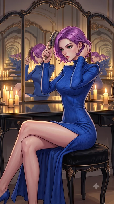 score_9, masterpiece, best quality, ultra-detailed, High-budget Anime Keyframe, Caucasian woman, strictly human ears. Low angle cowboy shot filling the entire 9:16 frame with her statuesque presence. Scenario 409: brushing her hair while seated befor
