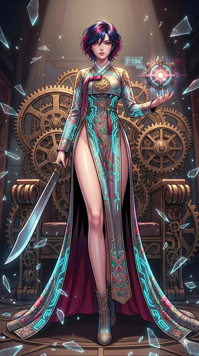 score_9, masterpiece, best quality, ultra-detailed, Set A: High-budget Anime Keyframe, Korean woman. Low angle cowboy shot filling the entire 9:16 frame with her statuesque presence. Drawing a blade through a throne of gears, holding a relic that pul