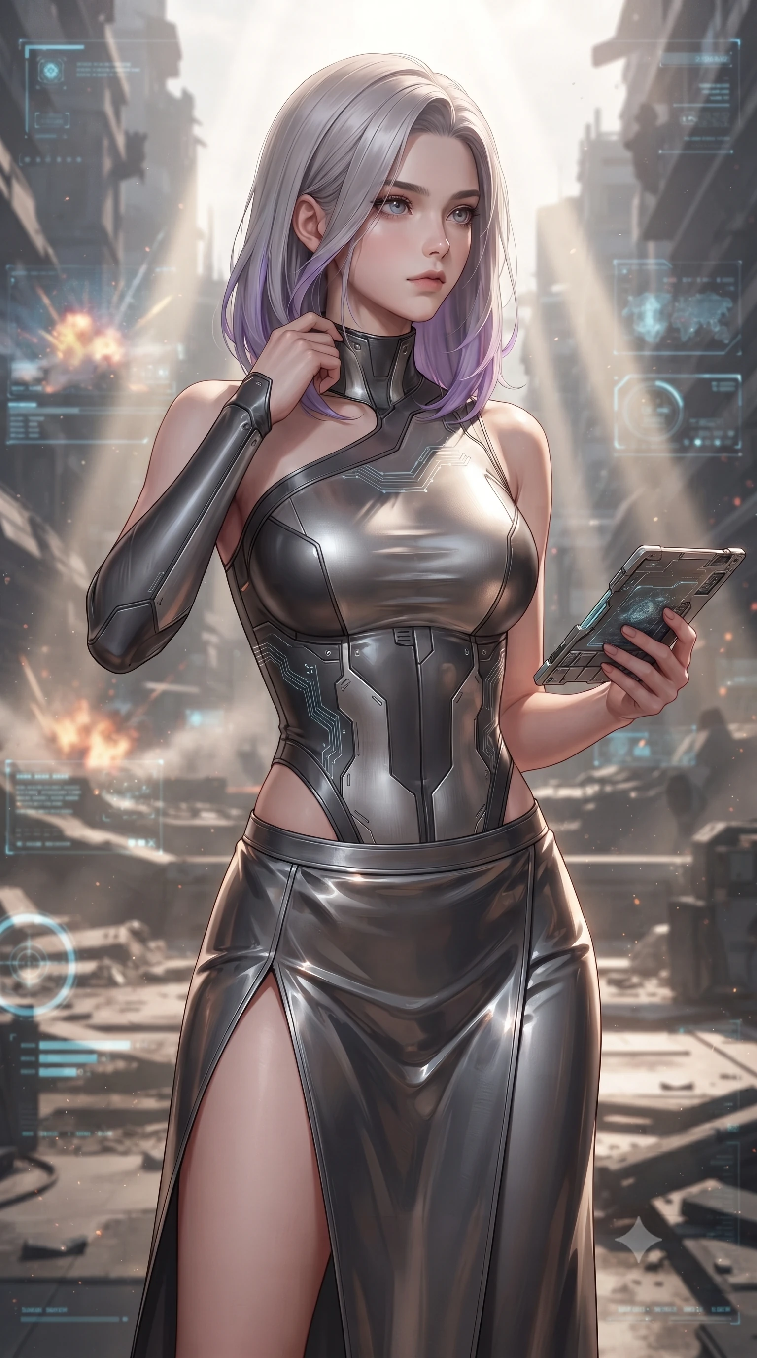 score_9, masterpiece, best quality, ultra-detailed, high-budget anime keyframe, editorial fashion photography, tasteful artistic composition, Caucasian woman. close-up cowboy shot from the waist and thighs up, the character dominates the composition, filling the frame with her large presence, background elements kept in soft focus. adjusting the high collar of her body-hugging suit, looking past the camera with quiet, sharp focus and a composed expression, the background shows a soft-focus a simulation deck showing a virtual battlefield in a ruined futuristic city. She has an exceptionally elegant, slender, and willowy female figure with an ultra-slim waist, a gracefully sculpted slender torso, and a refined silhouette. sharp v-shaped jawline, high-bridge nose, intricate jewel-like eyes with depth, thick eyelashes, glossy lips with a natural sheen. wearing a body-hugging asymmetric one-shoulder nanotech bodice paired with a daring high-slit tactical utility wrap skirt. dramatic volumetric sunbeams slicing through digital dust, creating light rays. ultra-reflective glossy finish, specular highlights, metallic sheen, high-contrast stereoscopic depth, volumetric dynamic lighting, 2k, ultra detail, master piece, 9:16 ratio