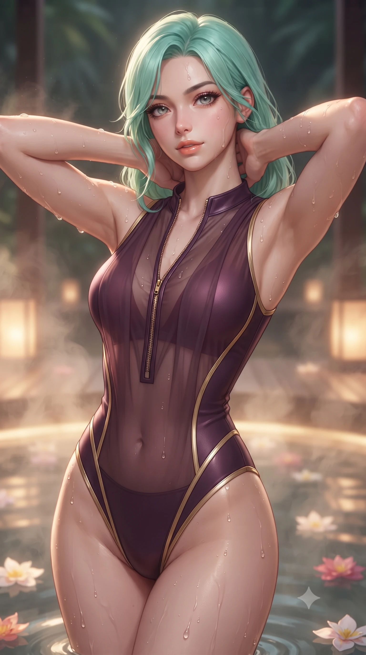 score_9, masterpiece, best quality, ultra-detailed, high-budget anime keyframe, editorial fashion photography, tasteful artistic composition, Japanese woman. close-up cowboy shot from the waist and thighs up, the character dominates the composition, filling the frame with her large presence. resting both hands lightly behind her neck with elbows raised, arching her spine to highlight her narrow waist, flat midriff, and breathtaking collarbones while twisting her slender torso in an alluring S-curve, floating flower blossoms and warm lantern glows highlighting her flat midriff and curvy hips. The background shows a soft-focus rising warm herbal steam softened in sensual tropical wellness shallow focus. She has an exceptionally elegant, slender, and willowy female figure with an ultra-slim waist, flat toned midriff, narrow ribcage, and sculpted feminine hips creating an alluring, slim hourglass silhouette without bulk. sharp v-shaped jawline, high-bridge nose, sparkling eyes with hypnotic seductive depth, thick curled eyelashes, glossy parted lips with a natural dewy peach sheen, alluring bedroom-eyes with an enchanting coquettish smile, exuding magnetic siren charisma and sophisticated glamour, flawlessly proportioned anatomical accuracy, strict slender model proportions, natural body alignment, perfectly sculpted long slender limbs, ultra-slim waistline, clean dynamic posture without body distortion. wearing a form-contouring wet-look neoprene zip-front maillot with high-cut leg openings and gold racing side trims in deep plum violet and rose gold, made of sheer gossamer chiffon that drapes softly against skin with airy translucence, finished with glistening drops of hot spring or lagoon water beading across her sculpted shoulders and collarbones, the second-skin tailored fabric adhering flawlessly to her sculpted flat midriff and slender torso, emphasizing her long leg lines and perfectly proportioned willowy build. bathed in soft 2400K concealed warm LED cove lighting glowing beneath the ironwood platform mixed with candle lanterns. ultra-reflective glossy finish, specular highlights, rich textural contrasts, high-contrast stereoscopic depth, volumetric dynamic lighting, 2k, ultra detail, master piece, 9:16 ratio