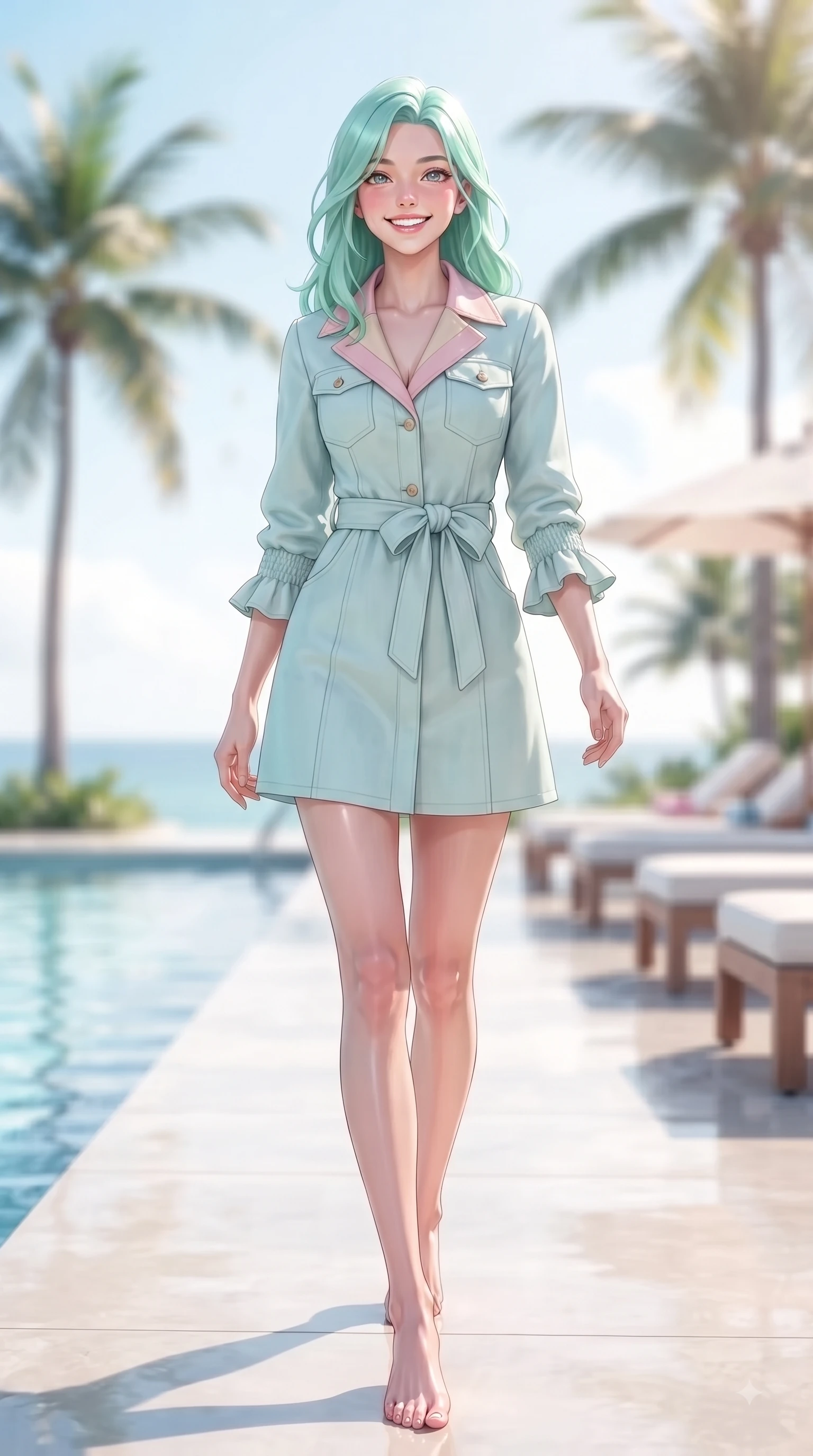 score_9, masterpiece, best quality, ultra-detailed, high-budget anime keyframe, editorial fashion photography, tasteful artistic composition, Japanese woman. low angle full-body shot from head to toe showing her feet, filling the entire 9:16 vertical frame with her statuesque presence, stretching her vertical silhouette. walking forward in a proud dynamic stride with a cheerful beaming smile, her vertical silhouette filling the frame while walking gracefully along a crystal-clear resort pool deck lined with palm trees and sun loungers. The composition keeps background elements in soft focus with dreamy bokeh. sun-drenched pool reflections and ocean views blurred into a soft, relaxing backdrop. She has an absolutely perfect, statuesque 8.5-heads proportion, an exceptionally tall and slender model-like female figure with impossibly long slender legs and an ultra-slim waist. sharp v-shaped jawline, high-bridge nose, intricate jewel-like eyes with depth, thick eyelashes, glossy lips with a natural sheen, flawlessly proportioned anatomical accuracy, natural body alignment, perfectly sculpted elegant limbs, clean dynamic posture without body distortion. wearing a stylish pastel mint trench dress with a tied belt waist and folded collar in cherry blossom pink and soft beige, made of comfortable premium stretch denim and soft jersey, accented with soft smocked details and fluttery cuffs, the tailored casual silhouette highlighting her fresh and youthful presence. bathed in bright tropical sunshine and glittering pool water refractions. ultra-reflective glossy finish, specular highlights, metallic sheen, high-contrast stereoscopic depth, volumetric dynamic lighting, 2k, ultra detail, master piece, 9:16 ratio