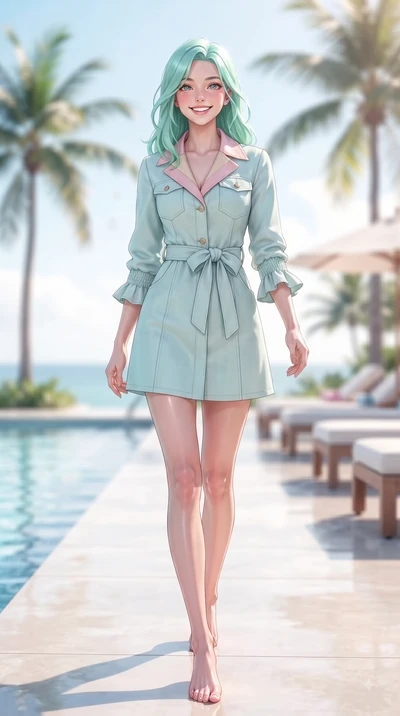 score_9, masterpiece, best quality, ultra-detailed, high-budget anime keyframe, editorial fashion photography, tasteful artistic composition, Japanese woman. low angle full-body shot from head to toe showing her feet, filling the entire 9:16 vertical