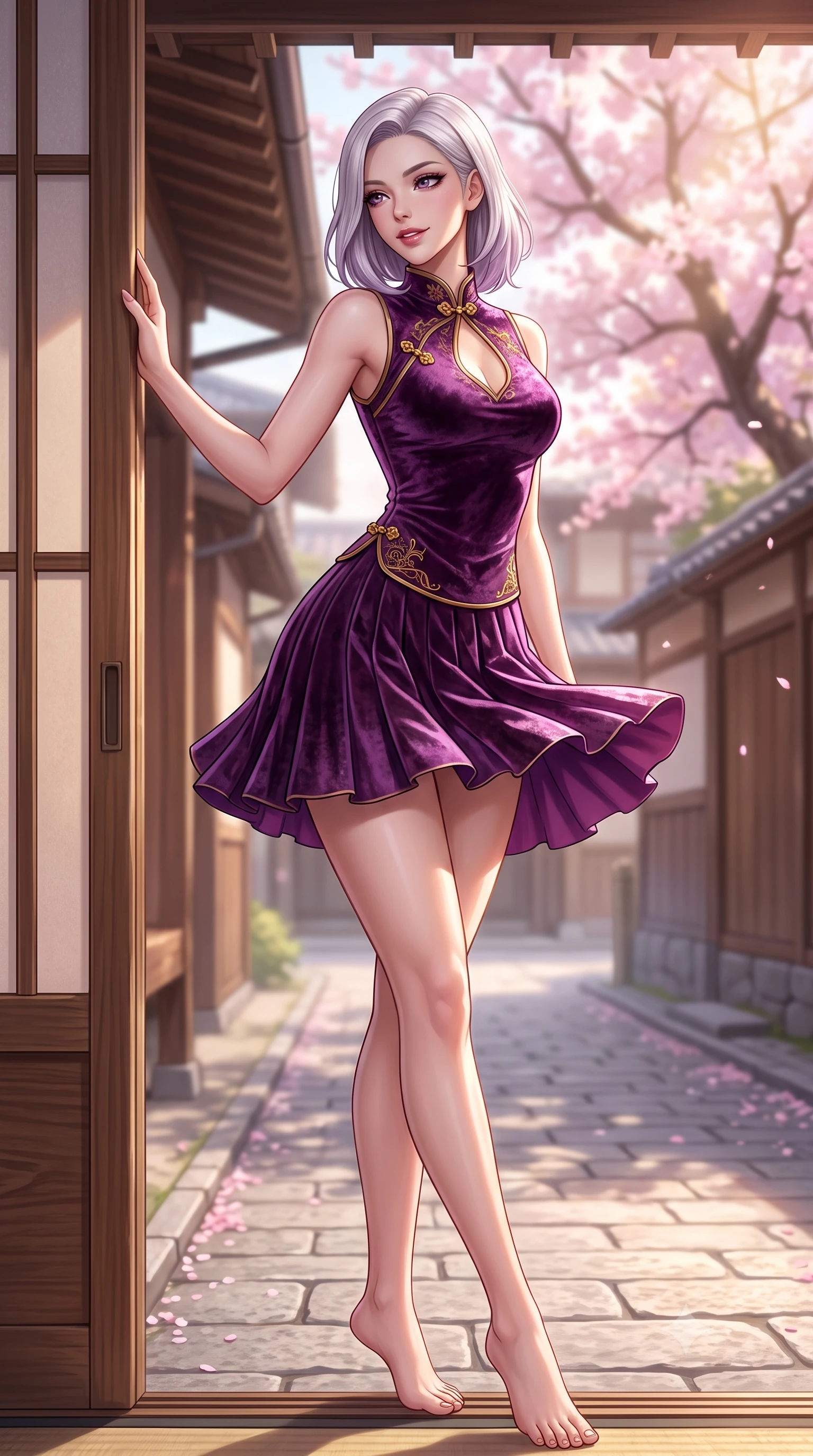 score_9, masterpiece, best quality, ultra-detailed, high-budget anime keyframe, semi-realistic 3D game render, editorial fashion photography, tasteful artistic composition, Caucasian woman. low angle full-body shot from head to toe showing her feet, filling the entire 9:16 vertical frame with her statuesque presence, stretching her vertical silhouette. executing a graceful dancer pivot turn as her layered silk chima skirt flutters around her slender legs, glancing over her shoulder with an intoxicating bedroom-gaze while leaning against the cedar sliding doorframe with hips cocked back, looking over her shoulder with an alluring, nostalgic bedroom-gaze. The background shows a soft-focus quiet cobblestone alleys and traditional wooden eaves softened in nostalgic Tokyo spring shallow focus. She has an absolutely perfect, statuesque 8.5-heads proportion, an exceptionally tall and slender model-like female figure with impossibly long slender legs, an ultra-slim waist, a flat toned midriff, narrow delicate ribcage, and beautifully sculpted feminine hips creating a graceful, slim hourglass silhouette without any bulky heaviness. sharp v-shaped jawline, high-bridge nose, intricate jewel-like dark sparkling almond eyes with depth, thick lashes, glossy parted lips with a natural rose-plum sheen, bright alluring and coquettish smile with bedroom-eyes, exuding both timeless oriental elegance and sovereign high-fashion allure, flawlessly proportioned anatomical accuracy, strict slender model proportions, natural body alignment, perfectly sculpted long slender limbs, ultra-slim waistline, clean dynamic posture without body distortion. wearing a sleeveless modern qipao top with an elegant teardrop chest keyhole cutout paired with a curve-hugging pleated mini skirt in rich plum violet and gilded bronze embroidery, crafted from sumptuous crushed winter velvet with deep light-absorbing plushness, accented with intricate gold frog buttons and a delicate mandarin collar, the liquid-tight tailored silk fabric clinging flawlessly to her narrow waist and rounded feminine hips, emphasizing every millimeter of her sculpted slim hourglass curves without any bulky heaviness. bathed in warm, soft spring afternoon sunlight filtering through pink blossom branches. highly saturated vibrant anime colors, detailed shading with soft gradients, rich glossy textures, high-contrast stereoscopic depth, volumetric dynamic lighting, master piece, 9:16 ratio