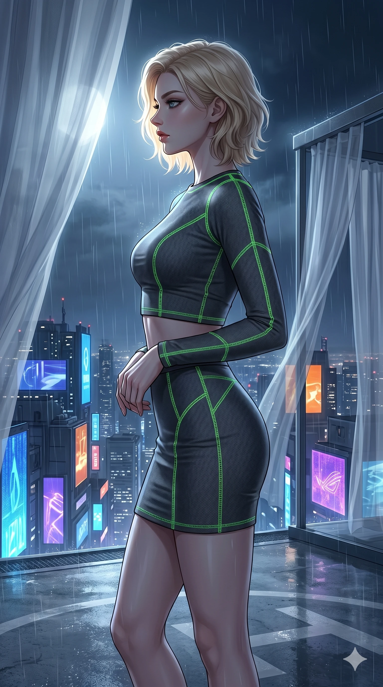score_9, masterpiece, best quality, ultra-detailed, high-budget anime keyframe, editorial fashion photography, tasteful artistic composition, Caucasian woman, strictly human ears. cowboy shot from the thighs up, character and outfit filling the frame for maximum editorial presence. Turning her face in sharp dramatic profile against the light atop a high-rise helipad overlooking a rainy cyber-city illuminated by giant video billboards. She has an absolutely perfect 8-heads proportion, an exceptionally tall and slender female figure with impossibly long slender legs and an ultra-slim waist. V-shaped jawline, high-bridge nose, intricate jewel-like eyes with depth, thick eyelashes, glossy lips with a natural sheen. wearing a fitted crop top and matching mini skirt in charcoal grey tech-knit, featuring glowing neon-green flatlock stitching along all seams. bathed in cold silver moonlight filtered through translucent gossamer curtains casting soft shadows on her curves. 2k, ultra detail, master piece, 9:16 ratio