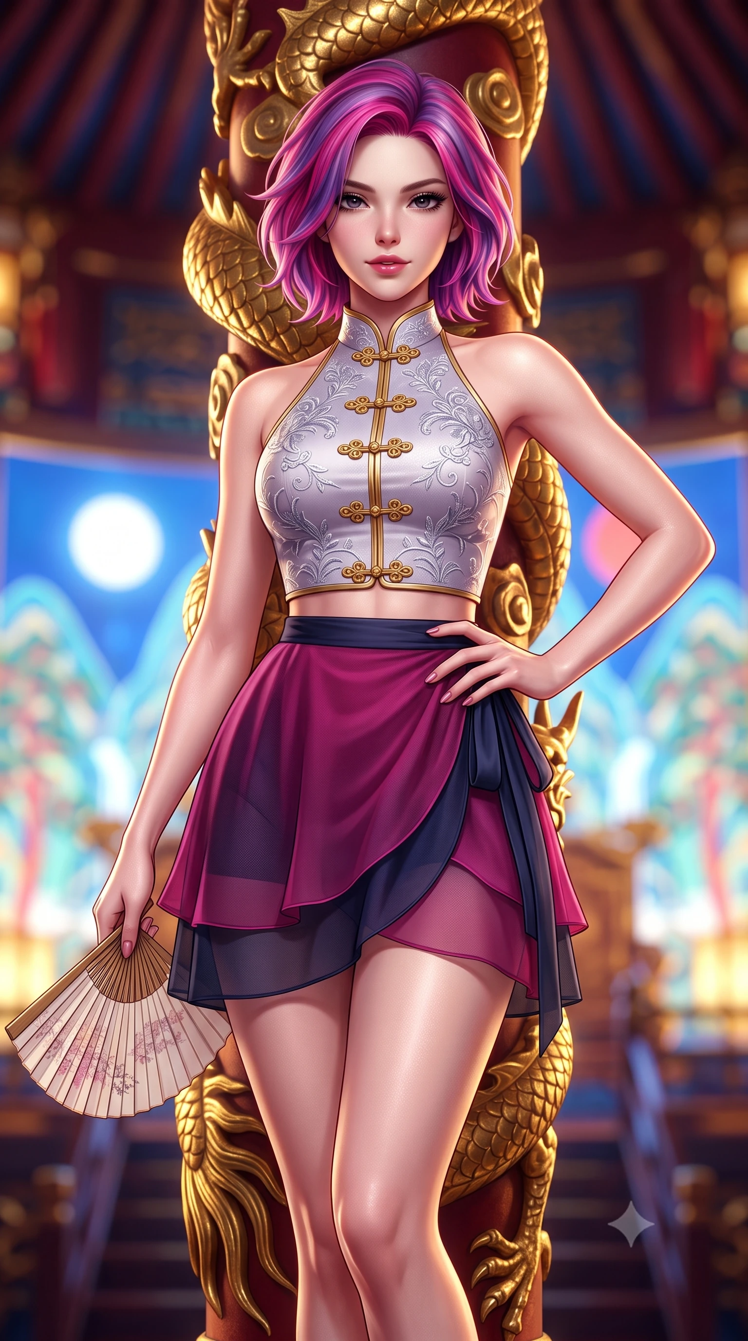 score_9, masterpiece, best quality, ultra-detailed, high-budget anime keyframe, semi-realistic 3D game render, editorial fashion photography, tasteful artistic composition, Caucasian woman. close-up cowboy shot from the waist and thighs up, the character dominates the composition, filling the frame with her large presence. twisting her slender torso in an alluring contrapposto stance, one hand resting on her sculpted hip while holding a traditional silk folding fan with effortless poise while leaning against an ornate gilded dragon column with hips cocked back, looking into the camera with an intoxicating, commanding bedroom-gaze. The background shows a soft-focus the colossal holographic Sun, Moon, and Five Peaks screen and soaring royal ceiling rafters blurred into imperial crimson, sapphire, and gold bokeh. She has an exceptionally elegant, slender, and willowy female figure with an ultra-slim waist, flat toned midriff, narrow ribcage, and sculpted feminine hips creating an alluring, slim hourglass silhouette without bulk. sharp v-shaped jawline, high-bridge nose, intricate jewel-like dark sparkling almond eyes with depth, thick lashes, glossy parted lips with a natural rose-plum sheen, bright alluring and coquettish smile with bedroom-eyes, exuding both timeless oriental elegance and sovereign high-fashion allure, flawlessly proportioned anatomical accuracy, strict slender model proportions, natural body alignment, perfectly sculpted long slender limbs, ultra-slim waistline, clean dynamic posture without body distortion. wearing a modern halter-neck fusion hanbok bodice with delicate silver embroidery and a fluttering layered chiffon wrap mini skirt in deep lotus magenta and matte midnight navy, made of sheer technical micro-mesh with contouring shadow effects, accented with intricate gold frog buttons and a delicate mandarin collar, the form-fitting tailored bodice adhering flawlessly to her sculpted flat midriff and slender torso, emphasizing her long leg lines and perfectly proportioned willowy build. bathed in majestic royal gold and sapphire light radiating from the holographic throne backdrop. highly saturated vibrant anime colors, detailed shading with soft gradients, rich glossy textures, high-contrast stereoscopic depth, volumetric dynamic lighting, master piece, 9:16 ratio