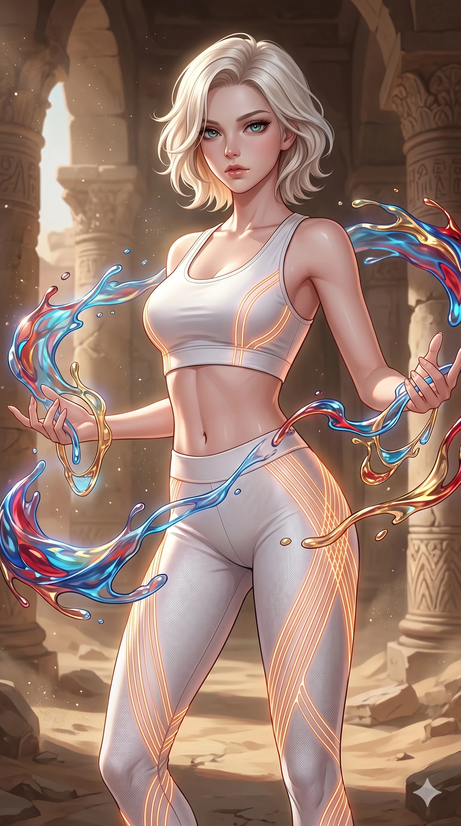 score_9, masterpiece, best quality, ultra-detailed, high-budget anime keyframe, Korean woman. upper body close-up from the thighs up, character filling the screen for maximum presence. interacting with liquid stained-glass that melts and swirls in mid-air inside a crumbling desert ruin, the fluid jewelry floating in suspension. She has an absolutely perfect 8-heads proportion, an exceptionally tall and slender female figure with impossibly long slender legs and an ultra-slim waist. V-shaped jawline, high-bridge nose, intricate jewel-like eyes with depth, thick eyelashes, glossy lips with a natural sheen.. wearing a neon filament athleisure set, featuring a tight white crop top and matching leggings woven with glowing orange neon filaments, highlighting her slender body contour. lit by a soft glowing ambient light and a sharp side key light that traces the sleek contours of her athletic build. 2k, ultra detail, master piece, 9:16 ratio