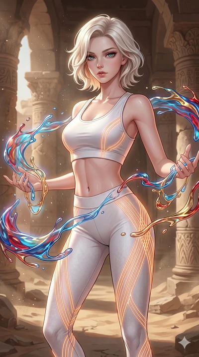 score_9, masterpiece, best quality, ultra-detailed, high-budget anime keyframe, Korean woman. upper body close-up from the thighs up, character filling the screen for maximum presence. interacting with liquid stained-glass that melts and swirls in mi