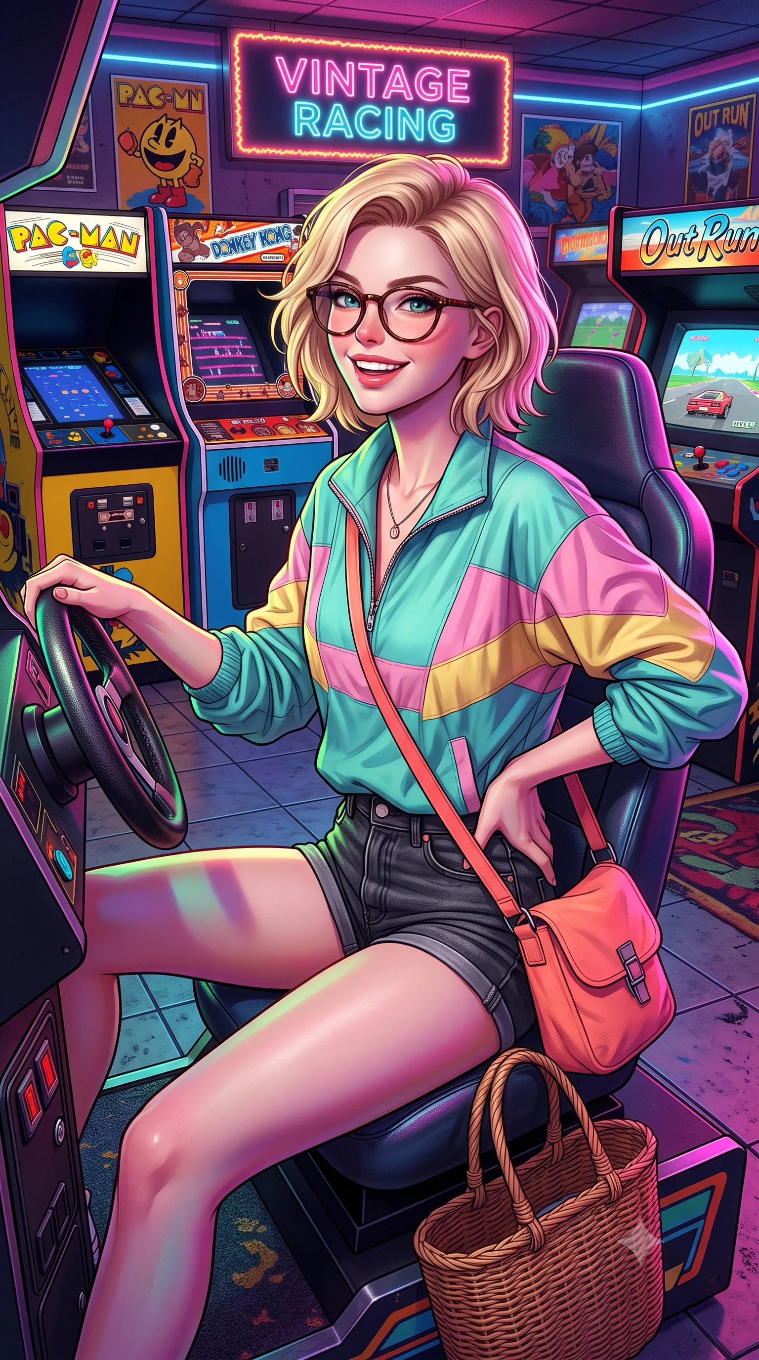 score_9, masterpiece, best quality, ultra-detailed, high-budget anime keyframe, semi-realistic 3D game render, editorial fashion photography, tasteful artistic composition, Caucasian woman. close-up cowboy shot from the waist and thighs up, the character dominates the composition, filling the frame with her large presence. smiling with subtle, enchanting allure and glossy parted lips, one hand resting on her waist with effortless supermodel poise while sitting on a coin-op racing game seat with steering wheel in hand, looking over her shoulder with an energetic, competitive grin. The surrounding environment is rendered in vivid detail and crisp panoramic clarity. vivid high-energy retro gaming chiaroscuro and authentic 80s arcade culture aesthetics rendered with precision. She has an exceptionally elegant, slender, and willowy female figure with an ultra-slim waist, a gracefully sculpted slender torso, toned flat midriff, and a refined slim silhouette. sharp v-shaped jawline, high-bridge nose, intricate jewel-like eyes with depth, thick eyelashes, glossy lips with a natural sheen, captivating and magnetic expression, flawlessly proportioned anatomical accuracy, strict slender model proportions, natural body alignment, perfectly sculpted long slender limbs, ultra-slim waistline, clean dynamic posture without body distortion. wearing a retro pastel colorblock windbreaker paired with high-waisted denim shorts and a canvas crossbody bag in retro neon coral and washed black denim, woven from soft breathable linen that flutters gently with every step, accessorized with a rustic woven wicker basket bag and round tortoiseshell glasses, the sleek tailored cut tightly hugging her graceful clavicle, narrow waist, and feminine curves with statuesque precision. illuminated by crisp directional highlights defining her toned midriff, slender waist, and long legs. highly saturated vibrant anime colors, detailed shading with soft gradients, rich glossy textures, high-contrast stereoscopic depth, volumetric dynamic lighting, master piece, 9:16 ratio