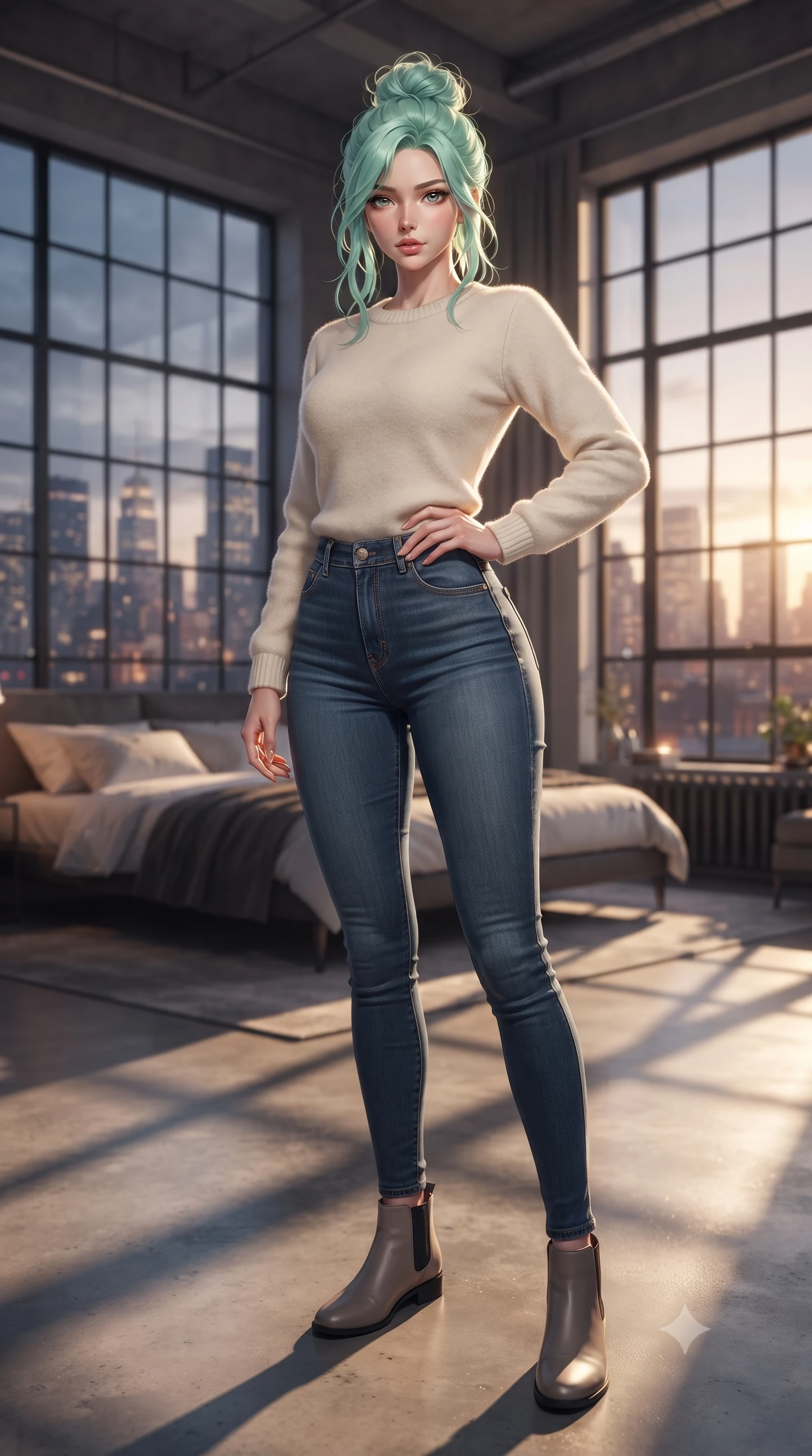 score_9, masterpiece, best quality, ultra-detailed, high-budget anime keyframe, editorial fashion photography, tasteful artistic composition, Japanese woman woman. low angle full-body shot from head to toe showing her feet, filling the entire 9:16 vertical frame with her statuesque presence, stretching her vertical silhouette. posing confidently with one hand on her hip, stretching her statuesque body to emphasize her curves the background shows a soft-focus a high-ceiling loft bedroom with large industrial windows looking at city skyline. She has an absolutely perfect, statuesque 8.5-heads proportion, an exceptionally tall and slender model-like female figure with impossibly long slender legs and an ultra-slim waist. sharp v-shaped jawline, high-bridge nose, intricate jewel-like eyes with depth, thick eyelashes, glossy lips with a natural sheen. wearing a slim-fit comfortable cream fleece sweater over blue denim jeans. golden hour sunset light casting long, dramatic geometric shadow lines across the floor. ultra-reflective glossy finish, specular highlights, metallic sheen, high-contrast stereoscopic depth, volumetric dynamic lighting, 2k, ultra detail, master piece, 9:16 ratio