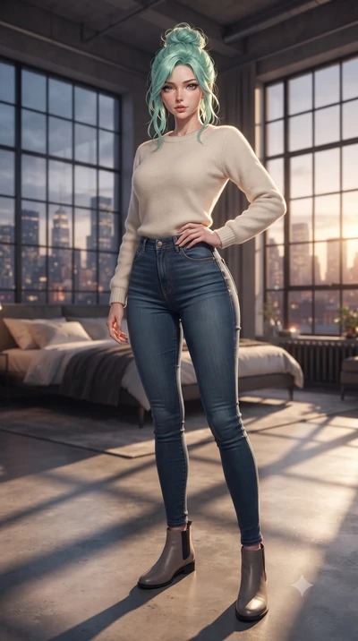 score_9, masterpiece, best quality, ultra-detailed, high-budget anime keyframe, editorial fashion photography, tasteful artistic composition, Japanese woman woman. low angle full-body shot from head to toe showing her feet, filling the entire 9:16 ve