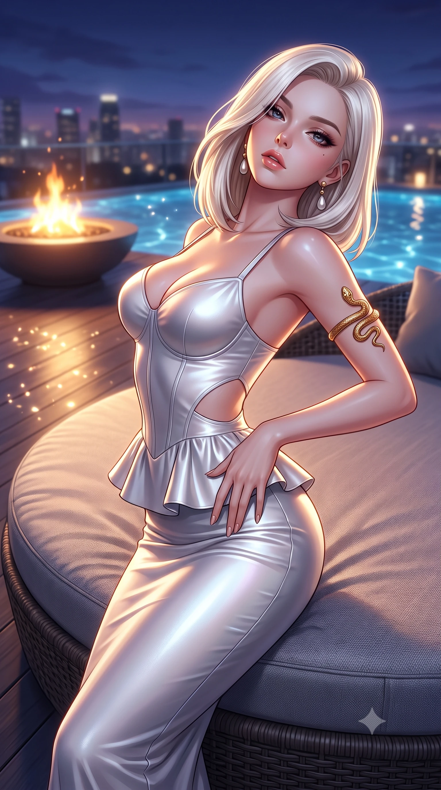 score_9, masterpiece, best quality, ultra-detailed, high-budget anime keyframe, semi-realistic 3D game render, editorial fashion photography, tasteful artistic composition, Caucasian woman. close-up cowboy shot from the waist and thighs up, the character dominates the composition, filling the frame with her large presence. arching her spine backward with effortless dancer poise, one hand sliding along her hip line as directional light carves specular highlights along her silhouette while stretching languidly across an oversized circular lounge daybed, spine arched as warm midnight city light illuminates her sculpted hip silhouette. The composition keeps background elements in soft focus with creamy bokeh. shimmering pool caustics and city light reflections scattering radiant light motes across the deck. She has an exceptionally elegant, slender, and willowy female figure with an ultra-slim waist, a gracefully sculpted slender torso, toned flat midriff, and rounded feminine hips creating an alluring hourglass silhouette. sharp v-shaped jawline, high-bridge nose, intricate jewel-like eyes with depth, thick eyelashes, glossy parted lips with a natural sheen, intensely captivating and seductive bedroom-eyes expression, flawlessly proportioned anatomical accuracy, strict slender model proportions, natural body alignment, perfectly sculpted long slender limbs, ultra-slim waistline, clean dynamic posture without body distortion. wearing a modern peplum corset dress with side-waist diamond cutouts and an ultra-tight silhouette in shimmering silver mercury and pearl white, tailored from ultra-smooth duchess satin with a pearlescent sheen, accented with a sculptured gold serpent armlet and pearl drop earrings, the second-skin form-contouring cut accentuating her sculpted flat midriff, narrow waistline, and dramatically curvy hips without adding bulk. bathed in twilight indigo sky tones and warm amber rooftop fire pit glow. highly saturated vibrant anime colors, detailed shading with soft gradients, rich glossy textures, high-contrast stereoscopic depth, volumetric dynamic lighting, master piece, 9:16 ratio