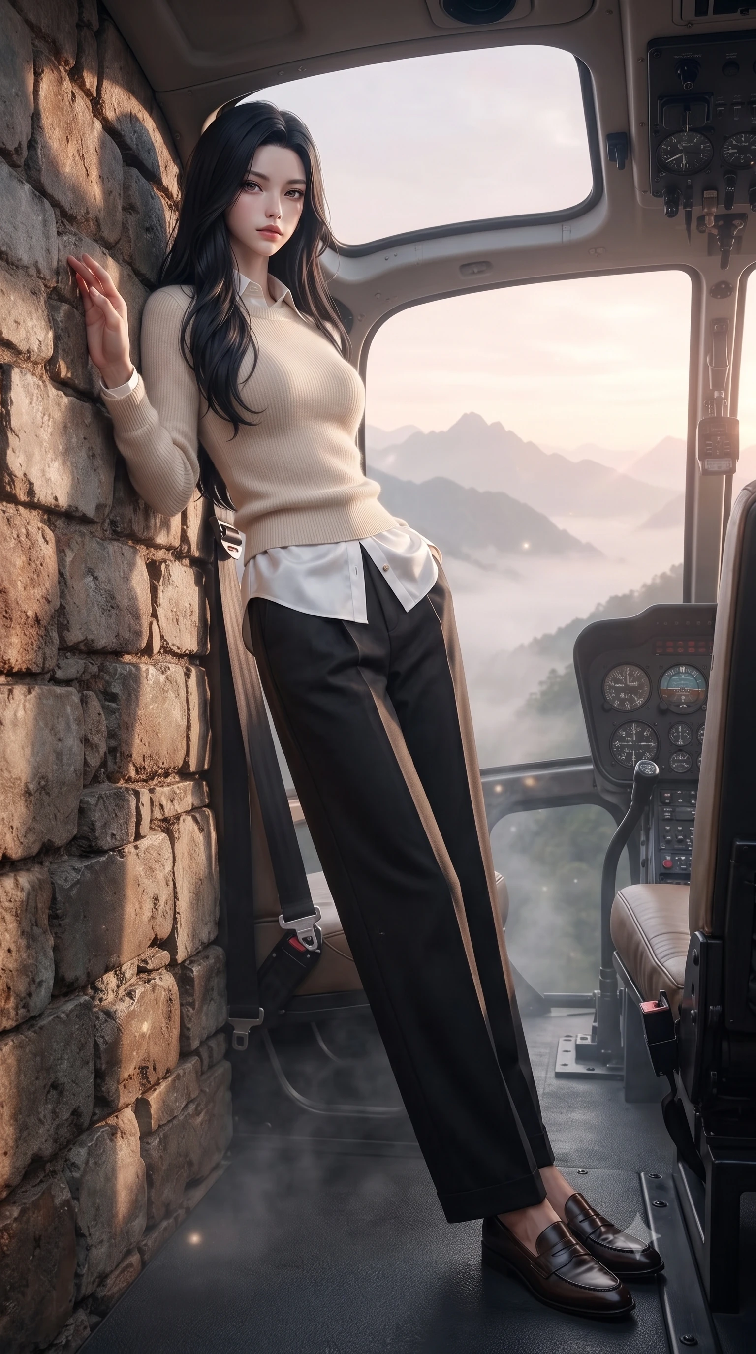 score_9, masterpiece, best quality, ultra-detailed, high-budget anime keyframe, editorial fashion photography, tasteful artistic composition, Korean woman. low angle full-body shot from head to toe showing her feet, filling the entire 9:16 vertical frame with her statuesque presence, stretching her vertical silhouette. leaning back against a rustic stone wall, casting a slow, alluring gaze at the camera the background shows a soft-focus the passenger seat of a helicopter facing a misty mountain range at dawn. She has an absolutely perfect, statuesque 8.5-heads proportion, an exceptionally tall and slender model-like female figure with impossibly long slender legs and an ultra-slim waist. sharp v-shaped jawline, high-bridge nose, intricate jewel-like eyes with depth, thick eyelashes, glossy lips with a natural sheen. wearing a form-contouring comfortable cream cashmere knit sweater worn over a white silk button-down shirt and relaxed slacks. soft morning mist diffusing the sunlight, creating a tranquil atmosphere. ultra-reflective glossy finish, specular highlights, metallic sheen, high-contrast stereoscopic depth, volumetric dynamic lighting, 2k, ultra detail, master piece, 9:16 ratio