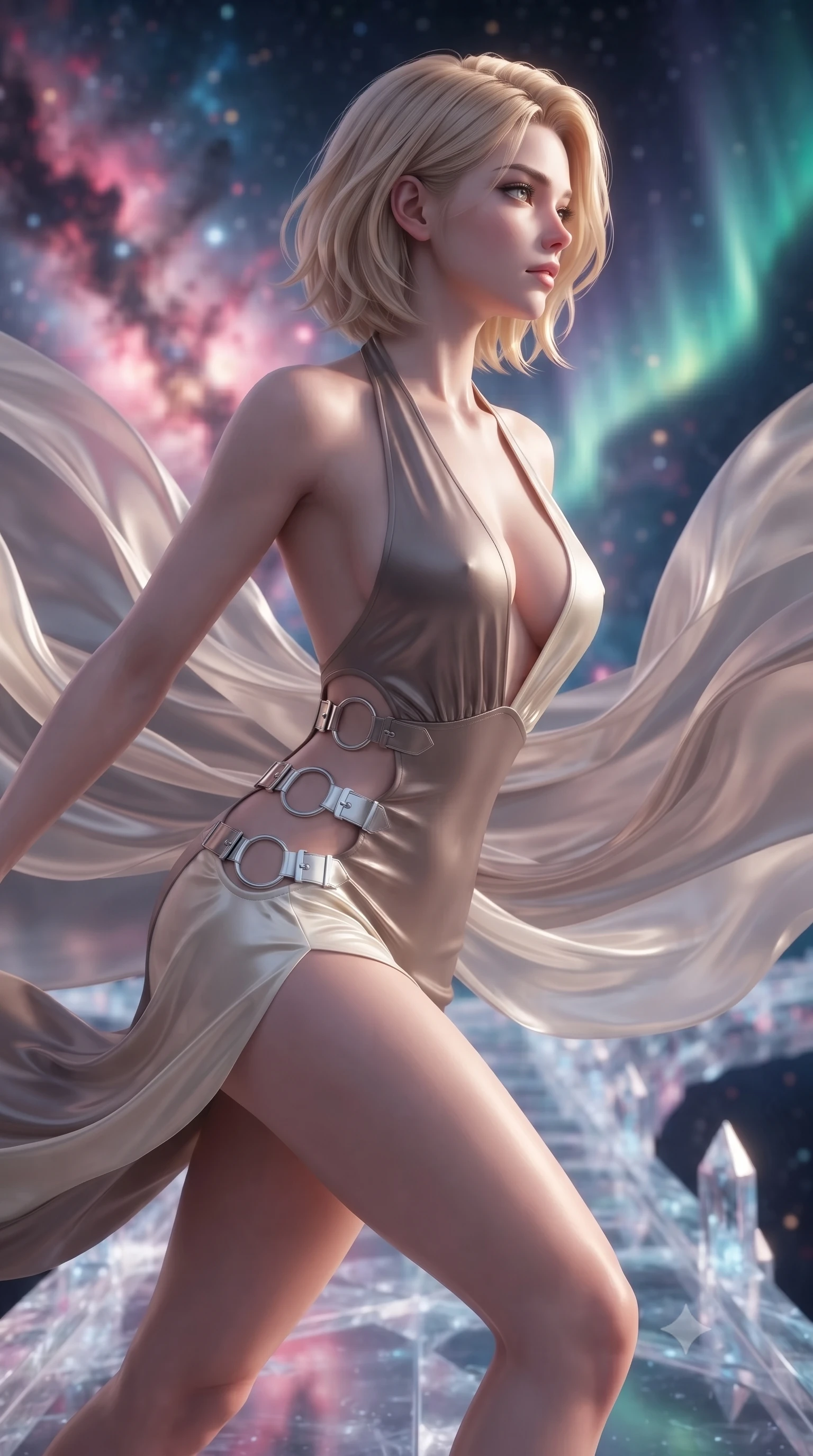 score_9, masterpiece, best quality, ultra-detailed, high-budget anime keyframe, editorial fashion photography, tasteful artistic composition, Caucasian woman. close-up cowboy shot from the waist and thighs up, the character dominates the composition, filling the frame with her large presence, background elements kept in soft focus. Turning her face in sharp profile while her upper body leans forward with poised athletic grace while stepping forward with proud posture along a crystalline bridge under a cosmic aurora, translucent silk drapes swirling in a dynamic cosmic wind vortex. She has an exceptionally elegant, slender, and willowy female figure with an ultra-slim waist, a gracefully sculpted slender torso, and a refined silhouette. sharp v-shaped jawline, high-bridge nose, intricate jewel-like eyes with depth, thick eyelashes, glossy lips with a natural sheen, flawlessly proportioned anatomical accuracy, natural body alignment, perfectly sculpted elegant limbs, clean dynamic posture without body distortion. wearing a deep-scoop halter bodycon dress with hip cutouts connected by silver rings in muted taupe and soft ivory, crafted from smooth liquid silk, detailed with polished silver buckles along the waistline, the elegant draped fit framing her graceful clavicle and slender torso. bathed in dramatic cosmic pink and navy nebula backlighting with gold key light. ultra-reflective glossy finish, specular highlights, metallic sheen, high-contrast stereoscopic depth, volumetric dynamic lighting, 2k, ultra detail, master piece, 9:16 ratio