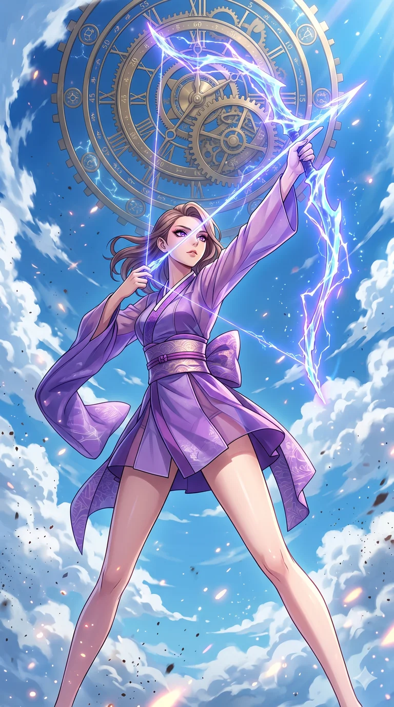 score_9, masterpiece, best quality, ultra-detailed, High-budget Anime Keyframe, beautiful Caucasian anime girl (strictly human ears). Dynamic full-body shot stretching the vertical silhouette with her statuesque presence. Drawing a bow made of pure energy aimed at a giant clockwork mechanism in the vibrant blue sky. She has an absolutely perfect 8-heads proportion, an exceptionally tall and slender female figure with impossibly long slender legs and an ultra-slim waist. Sharp v-shaped jawline, high-bridge nose, intricate jewel-like eyes with depth, thick eyelashes, glossy lips with a natural sheen. Wearing a Modern Traditional outfit: amethyst shortened cyber-hanbok, kimono-style wrap with wide obi, fusion silk robes with transparent panels. Background is a bright and colorful environment with cinematic lighting, dynamic particle effects, and high-contrast shadows. 2k, ultra detail, master piece, 9:16 ratio