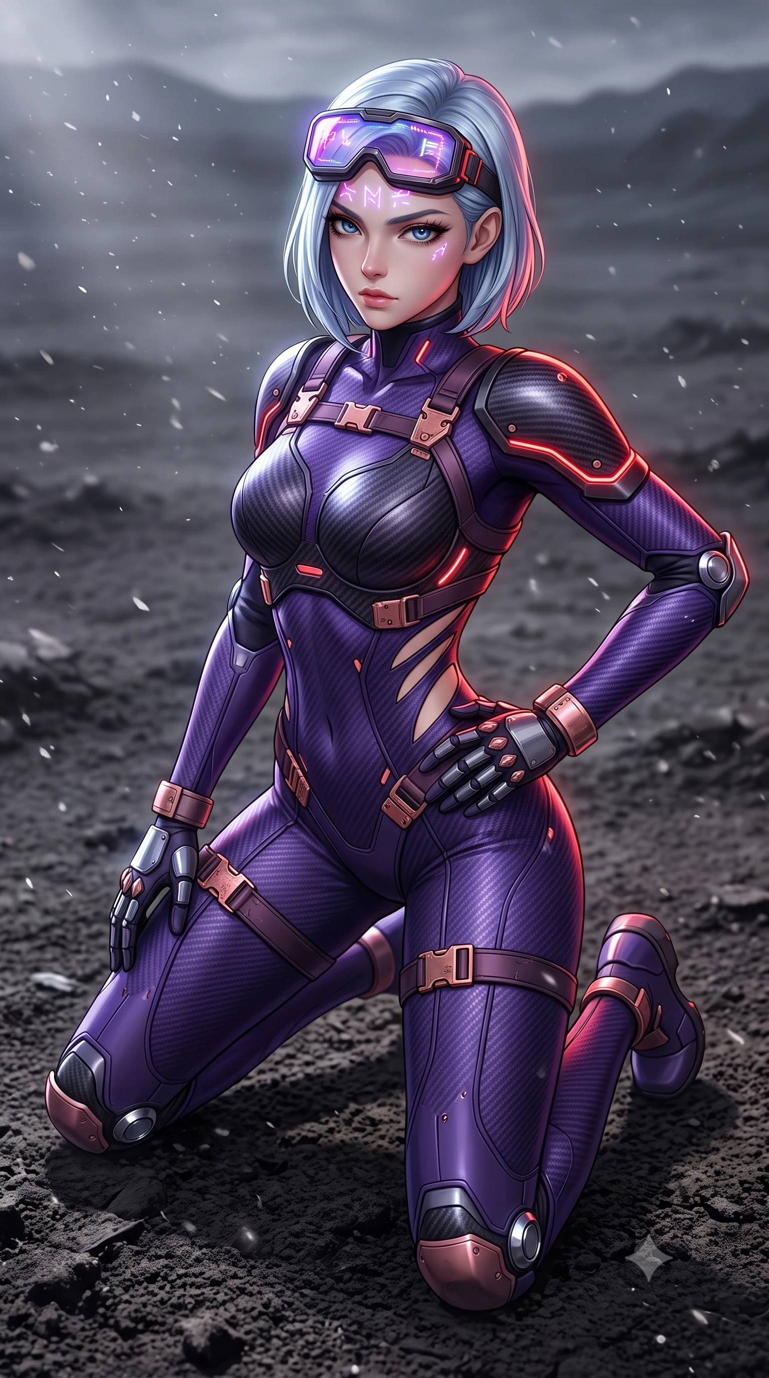 score_9, masterpiece, best quality, ultra-detailed, high-budget anime keyframe, semi-realistic 3D game render, editorial fashion photography, tasteful artistic composition, Korean woman. close-up cowboy shot from the waist and thighs up, the character dominates the composition, filling the frame with her large presence. resting one armored hand on her hip while glancing over her shoulder with thick eyelashes and an indomitable, smoldering combat gaze while kneeling on one knee to inspect the barren earth, looking up with a piercing, majestic gaze through drifting ash flakes. The surrounding environment is rendered in vivid detail and crisp panoramic clarity. sharp carbon pauldron edge bevels, glowing red conduit lines, and textured ash ground in deep focus. She has an exceptionally elegant, slender, and willowy female figure with an ultra-slim waist, a gracefully sculpted slender torso, toned flat midriff, and a refined slim silhouette. sharp v-shaped jawline, high-bridge nose, intricate jewel-like eyes with depth, thick eyelashes, glossy lips with a natural sheen, fierce and resolute heroine expression, flawlessly proportioned anatomical accuracy, strict slender model proportions, natural body alignment, perfectly sculpted long slender limbs, ultra-slim waistline, clean dynamic posture without body distortion. wearing high-tech holographic tactical goggles resting tipped up on her forehead, casting glowing neon runes across her brow without obscuring her features, paired with a form-contouring high-mobility battle-suit featuring sculpted carbon chest plating, diagonal midriff ventilation cutouts, and kinetic knee vambraces in royal purple carbon fiber with distressed rose-gold hardware and buckles, tailored from flexible second-skin ballistic carbon-mesh adhering flawlessly to her athletic build, detailed with kinetic shock-dampening knuckle guards and polished chrome connection joints, the glove-like aerodynamic second-skin fit tightly clinging to her ultra-slender waist and athletic curves without adding bulk, accentuating her razor-sharp statuesque lines and slim hourglass silhouette. surrounded by a solitary, monumental, and sacredly resilient post-apocalyptic guardian aura. rich saturated anime colors with glowing neon highlights, detailed shading with soft gradients, rich glossy textures, high-contrast stereoscopic depth, volumetric dynamic lighting, master piece, 9:16 ratio
