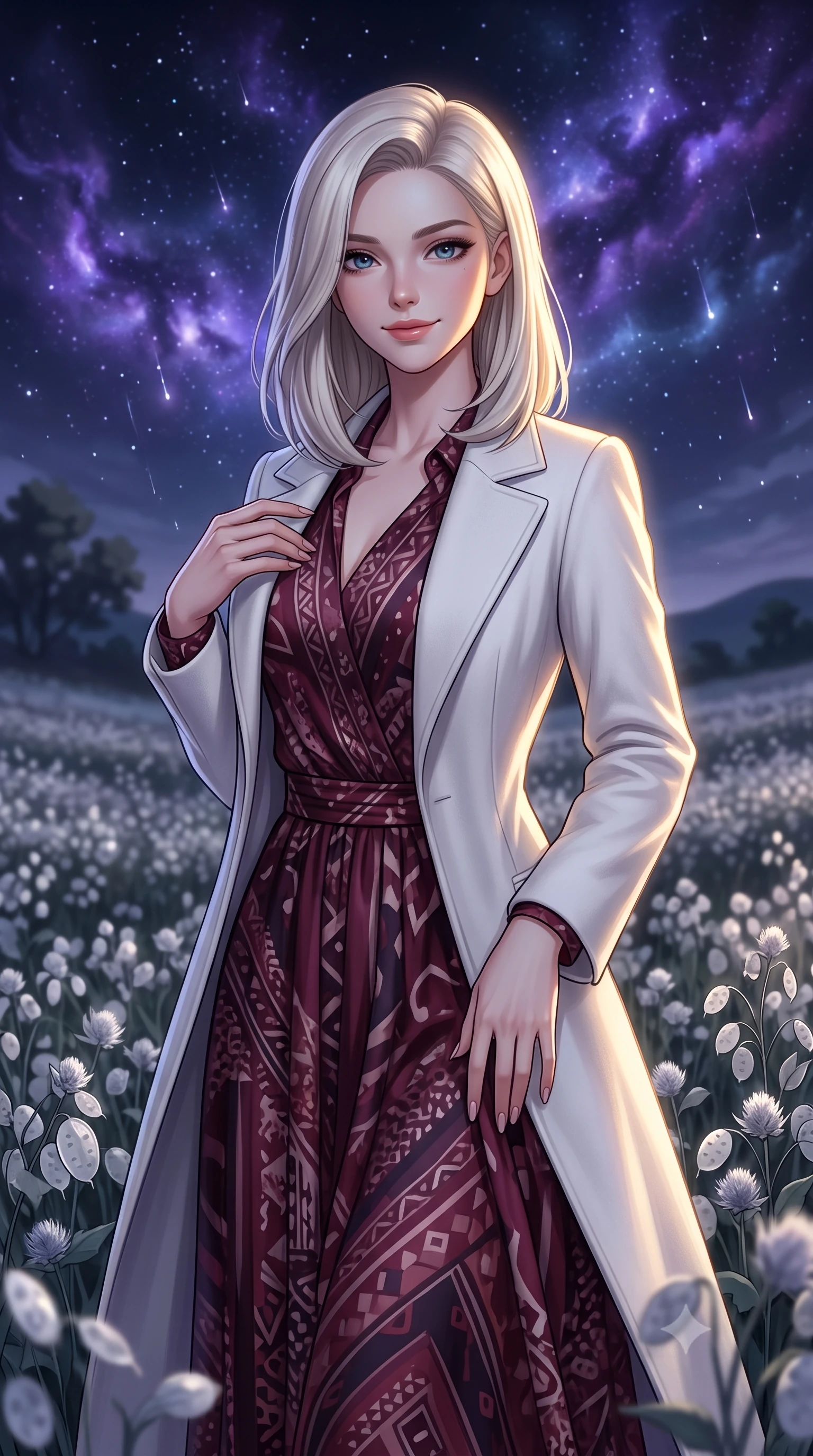 score_9, masterpiece, best quality, ultra-detailed, high-budget anime keyframe, editorial fashion photography, tasteful artistic composition, Caucasian woman, strictly human ears. close-up cowboy shot from the waist and thighs up, the character dominates the composition, filling the frame with her large presence, background elements kept in soft focus. Casting a soft, warm, affectionate smile with glowing eyes. set against a soft-focus background of in an endless field of silver flowers swaying in the night breeze under a sky filled with glowing violet nebulae and falling stardust. She has an exceptionally elegant, slender, and willowy female figure with a highly-defined ultra-slim waist, a gracefully sculpted slender torso, and a refined slim-fit silhouette that contours her form. sharp v-shaped jawline, high-bridge nose, intricate jewel-like eyes with depth, thick eyelashes, glossy lips with a natural sheen. wearing a flowing silk maxi dress in a deep burgundy print, layered under a tailored white cashmere coat. dramatic chiaroscuro with a single golden key light sculpting her silhouette. 2k, ultra detail, master piece, 9:16 ratio