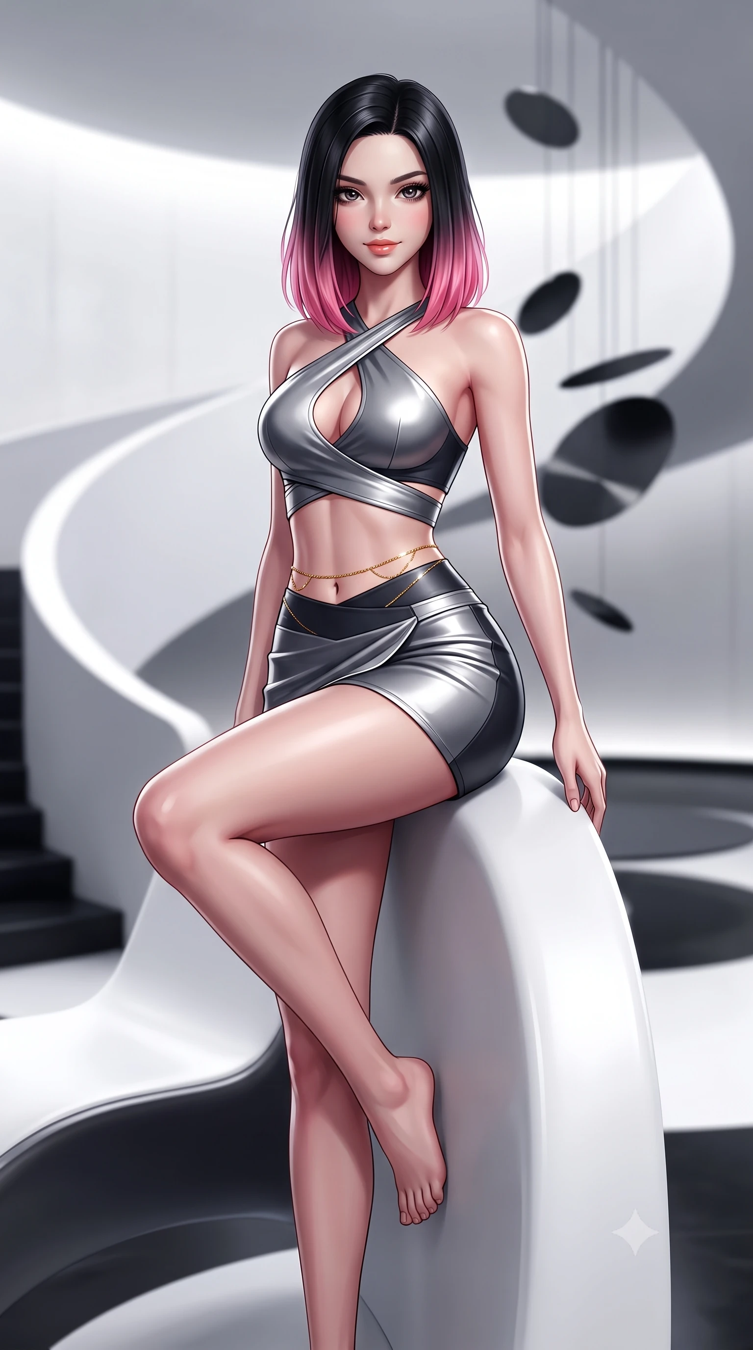 score_9, masterpiece, best quality, ultra-detailed, high-budget anime keyframe, semi-realistic 3D game render, editorial fashion photography, tasteful artistic composition, Korean woman. close-up cowboy shot from the waist and thighs up, the character dominates the composition, filling the frame with her large presence. perched sideways on the lounge seat, one knee drawn up to showcase her slender leg line while her arched back accentuates her feminine hip curve while standing poised on the curving white parapet of the spiral ramp, arching her spine with effortless avant-garde dancer grace. The background shows a soft-focus the endless sweeping curves of the white spiral ramp, floating black metal mobile discs, and rotunda floor blurred into pure white, charcoal, and ivory bokeh. She has an exceptionally elegant, slender, and willowy female figure with an ultra-slim waist, flat toned midriff, narrow ribcage, and sculpted feminine hips creating an alluring, slim hourglass silhouette without bulk. sharp v-shaped jawline, high-bridge nose, sparkling eyes with hypnotic seductive depth, thick curled eyelashes, glossy parted lips with a natural dewy peach sheen, alluring bedroom-eyes with an enchanting coquettish smile, exuding magnetic siren charisma and sophisticated glamour, flawlessly proportioned anatomical accuracy, strict slender model proportions, natural body alignment, perfectly sculpted long slender limbs, ultra-slim waistline, clean dynamic posture without body distortion. wearing a high-waisted architectural wrap mini skirt with clean structural lines paired with a plunging criss-cross crop top in molten liquid silver and midnight charcoal with platinum highlights, tailored from fine structural neoprene with crisp architectural edges and smooth contouring, accented with a dainty gold belly chain resting across her flat midriff and curving hips, the form-contouring silhouette accentuating her sculpted flat midriff, narrow delicate ribcage, and gracefully curvy hips with intoxicating allure. illuminated by curved white wall bounce and sharp platinum-white rim lights defining her delicate clavicles, ultra-slim waist, and curvy hips. highly saturated vibrant anime colors, detailed shading with soft gradients, rich glossy textures, high-contrast stereoscopic depth, volumetric dynamic lighting, master piece, 9:16 ratio