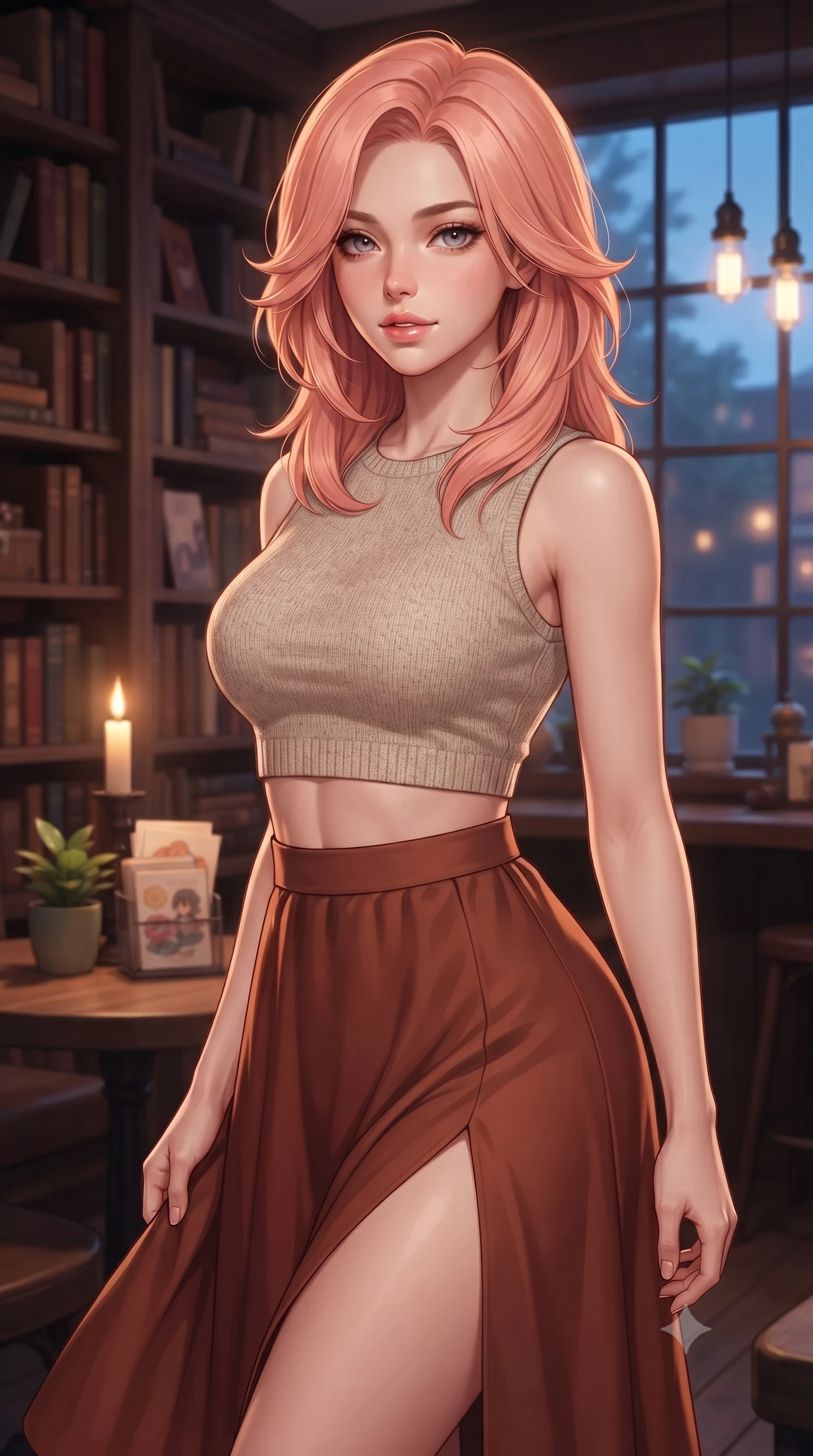 score_9, masterpiece, best quality, ultra-detailed, high-budget anime keyframe, editorial fashion photography, tasteful artistic composition, Japanese woman. close-up cowboy shot from the waist and thighs up, the character dominates the composition, filling the frame with her large presence, background elements kept in soft focus. gazing at the camera with a smoldering, magnetic half-smile, softly parting her glossy lips set against a soft-focus background of in a cozy wooden-themed coffee shop decorated with antique bookshelf walls with a small green plant and a stack of cute design postcards on the table. She has an exceptionally elegant, slender, and willowy female figure with an ultra-slim waist, a gracefully sculpted slender torso, and a refined silhouette. sharp v-shaped jawline, high-bridge nose, intricate jewel-like eyes with depth, thick eyelashes, glossy lips with a natural sheen. wearing tailored crop top in oatmeal knit paired with a flowy midi skirt featuring a high side slit. soft candle glow and warm pendant lights clashing with the cool blue dusk sky. ultra-reflective glossy finish, specular highlights, metallic sheen, high-contrast stereoscopic depth, volumetric dynamic lighting, 2k, ultra detail, master piece, 9:16 ratio