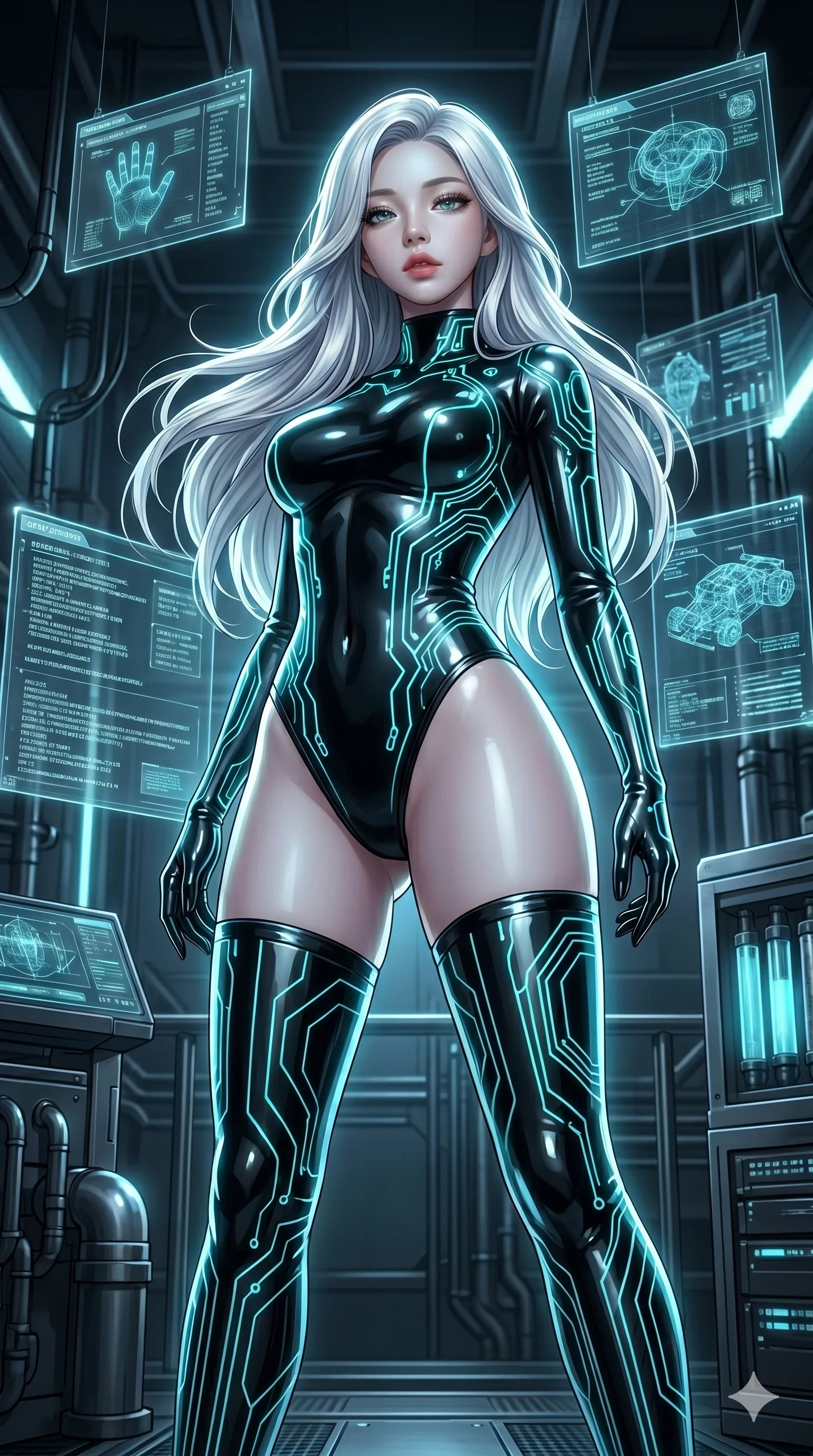 score_9, masterpiece, best quality, ultra-detailed, high-budget anime keyframe portrait, an incredibly beautiful Caucasian anime girl with pale skin anime girl. Low angle cowboy shot filling the frame. She has an absolutely perfect 8-heads proportion, an exceptionally tall female figure with long slender legs and a voluptuous body. Her face is a highly detailed masterpiece featuring a v-shaped jawline, high-bridge nose, intricate jewel-like eyes, thick eyelashes, and glossy lips. She has silver flowing hair. She is wearing a tight-fitting glossy latex bodysuit with glowing cyan circuitry patterns, high-cut thigh-high boots, highlighting her alluring silhouette. Cybernetic laboratory, holographic screens, dramatic rim lighting, cinematic shadows, 2k, ultra detail, master piece, 9:16 ratio