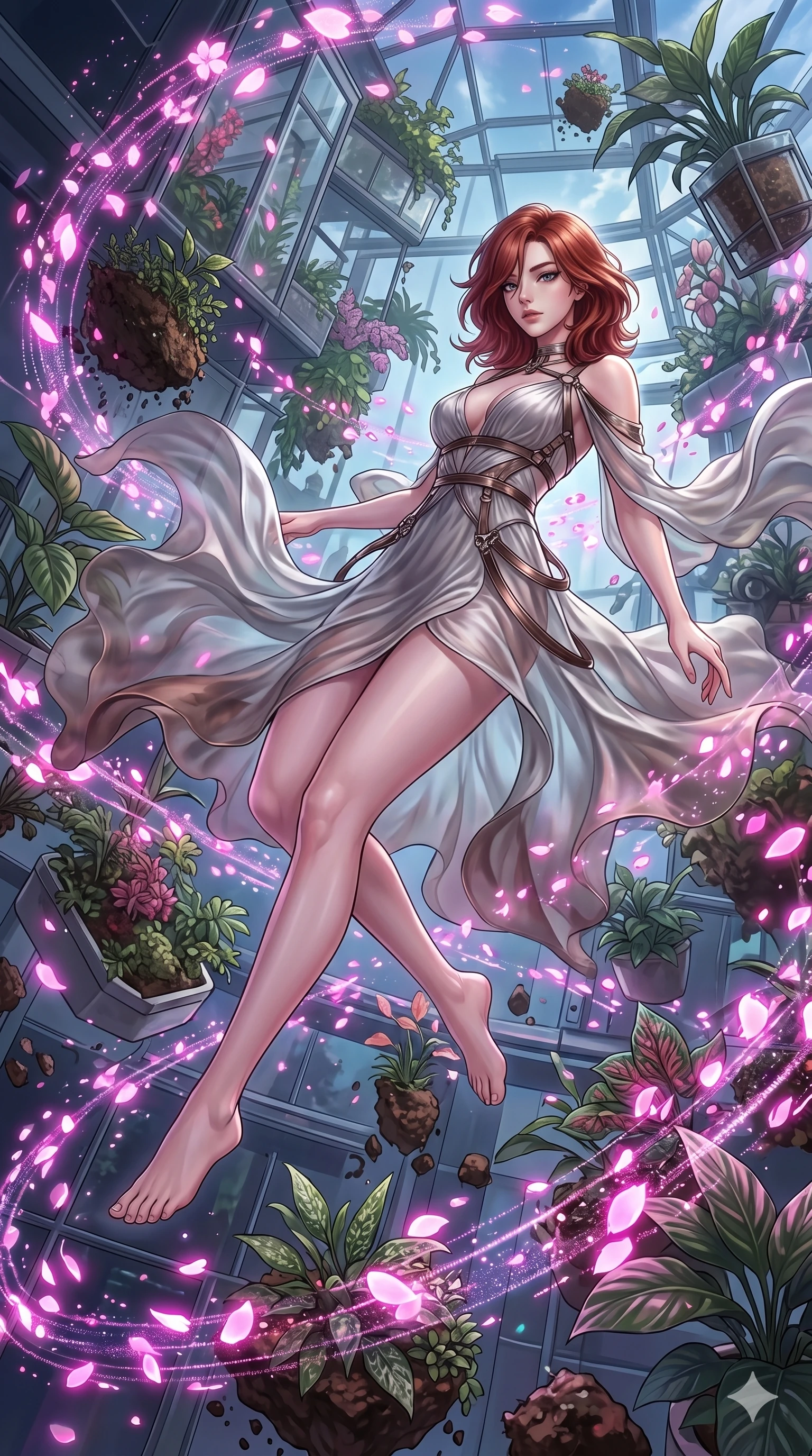 score_9, masterpiece, best quality, ultra-detailed, Set A: High-budget Anime Keyframe, Korean woman. Low angle cowboy shot filling the entire 9:16 frame with her statuesque presence. Floating through a floating botanical garden, as gravity fails and everything around her floats in state 16 and surrounded by digital sakura petals. She has an absolutely perfect 8-heads proportion, an exceptionally tall and slender female figure with impossibly long slender legs and an ultra-slim waist. Sharp v-shaped jawline, high-bridge nose, intricate jewel-like eyes with depth, thick eyelashes, glossy lips with a natural sheen. Wearing Avant-garde paper-thin silk dress that floats like smoke, with metallic straps. Cinematic lighting, vibrant colors, dramatic shadows, 2k, ultra detail, master piece, 9:16 ratio