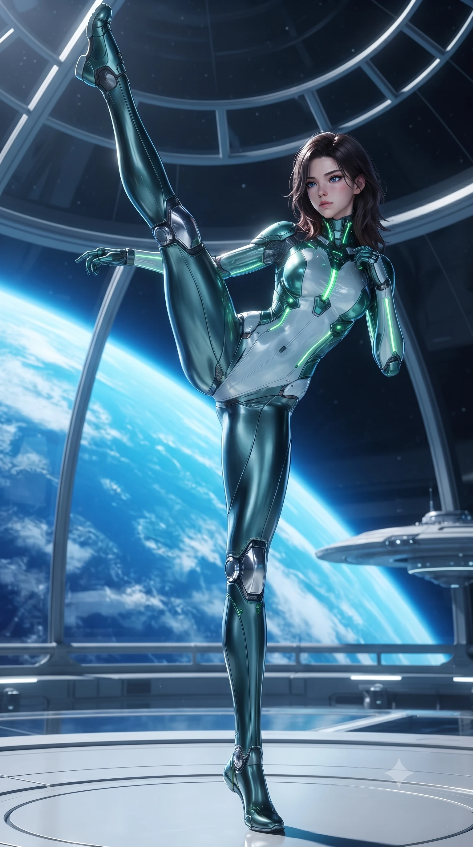 score_9, masterpiece, best quality, ultra-detailed, high-budget anime keyframe, editorial fashion photography, tasteful artistic composition, Korean woman. low angle full-body shot from head to toe showing her feet, filling the entire 9:16 vertical frame with her statuesque presence, stretching her vertical silhouette. executing a breathtaking zero-gravity high-kick with full 180-degree vertical extension, her impossibly long slender legs dominating the frame with razor-sharp poise while floating in zero-gravity inside a soaring glass dome dojo overlooking the brilliant blue curvature of Earth while striking a serene martial arts pose. The surrounding environment is rendered in vivid detail and crisp panoramic clarity. dramatic orbital chiaroscuro and transcendent high-altitude martial arts architecture in panoramic precision. She has an absolutely perfect, statuesque 8.5-heads proportion, an exceptionally tall and slender model-like female figure with impossibly long slender legs, a toned flat midriff, and an ultra-slim waist. sharp v-shaped jawline, high-bridge nose, intricate jewel-like eyes with depth, thick eyelashes, glossy lips with a natural sheen, flawlessly proportioned anatomical accuracy, strict slender model proportions, natural body alignment, perfectly sculpted long slender limbs, ultra-slim waistline, clean dynamic posture without body distortion. wearing an ultra-sleek glacial-cyan and white carbon-mesh combat bodysuit with frost-resistant kinetic shock-absorber plating in emerald green carbon composite with glowing lime laser channels, crafted from semi-translucent cybernetic carbon-vinyl interwoven with glowing micro-filaments, detailed with magnetic knuckle shock-absorbers and polished chrome articulation joints, the form-contouring material adhering flawlessly to her sculpted flat midriff and slender torso, emphasizing her long leg lines and perfectly proportioned willowy build. illuminated by crisp white key light and sharp specular highlights tracing her ultra-slim waist and long legs. ultra-reflective glossy finish, specular highlights, dark metallic sheen, high-contrast stereoscopic depth, volumetric dynamic lighting, 2k, ultra detail, master piece, 9:16 ratio