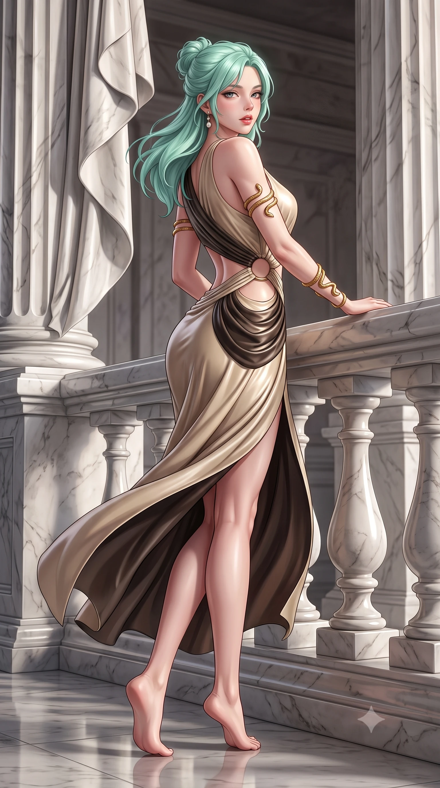 score_9, masterpiece, best quality, ultra-detailed, high-budget anime keyframe, semi-realistic 3D game render, editorial fashion photography, tasteful artistic composition, Japanese woman. low angle full-body shot from head to toe showing her feet, filling the entire 9:16 vertical frame with her statuesque presence, stretching her vertical silhouette. executing an elegant mid-motion pivot turn as garments swirl around her slender limbs, glancing over her shoulder with an intoxicating bedroom-gaze while leaning forward over a sculpted marble balustrade with lower back arched, looking over her bare shoulder with parted glossy lips. The surrounding environment is rendered in vivid detail and crisp panoramic clarity. sharp carved marble drapery folds, chisel mark textures, and polished stone floor reflections in deep focus. She has an absolutely perfect, statuesque 8.5-heads proportion, an exceptionally tall and slender model-like female figure with impossibly long slender legs, a toned flat midriff, an ultra-slim waist, and beautifully sculpted feminine hips. sharp v-shaped jawline, high-bridge nose, intricate jewel-like eyes with depth, thick eyelashes, glossy parted lips with a natural sheen, intensely captivating and seductive bedroom-eyes expression, flawlessly proportioned anatomical accuracy, strict slender model proportions, natural body alignment, perfectly sculpted long slender limbs, ultra-slim waistline, clean dynamic posture without body distortion. wearing a classical draped chiton evening dress with an open waist ring cutout and breezy side slit in antique parchment beige and dark espresso, crafted from second-skin supple lambskin leather with specular sheen, complemented by sculpted gold serpent armlets and pearl drop earrings, the second-skin form-contouring cut accentuating her sculpted flat midriff, narrow waistline, and dramatically curvy hips without adding bulk. illuminated by crisp sculptural key lighting carving her narrow waist, curved hips, and statuesque limbs. highly saturated vibrant anime colors, detailed shading with soft gradients, rich glossy textures, high-contrast stereoscopic depth, volumetric dynamic lighting, master piece, 9:16 ratio