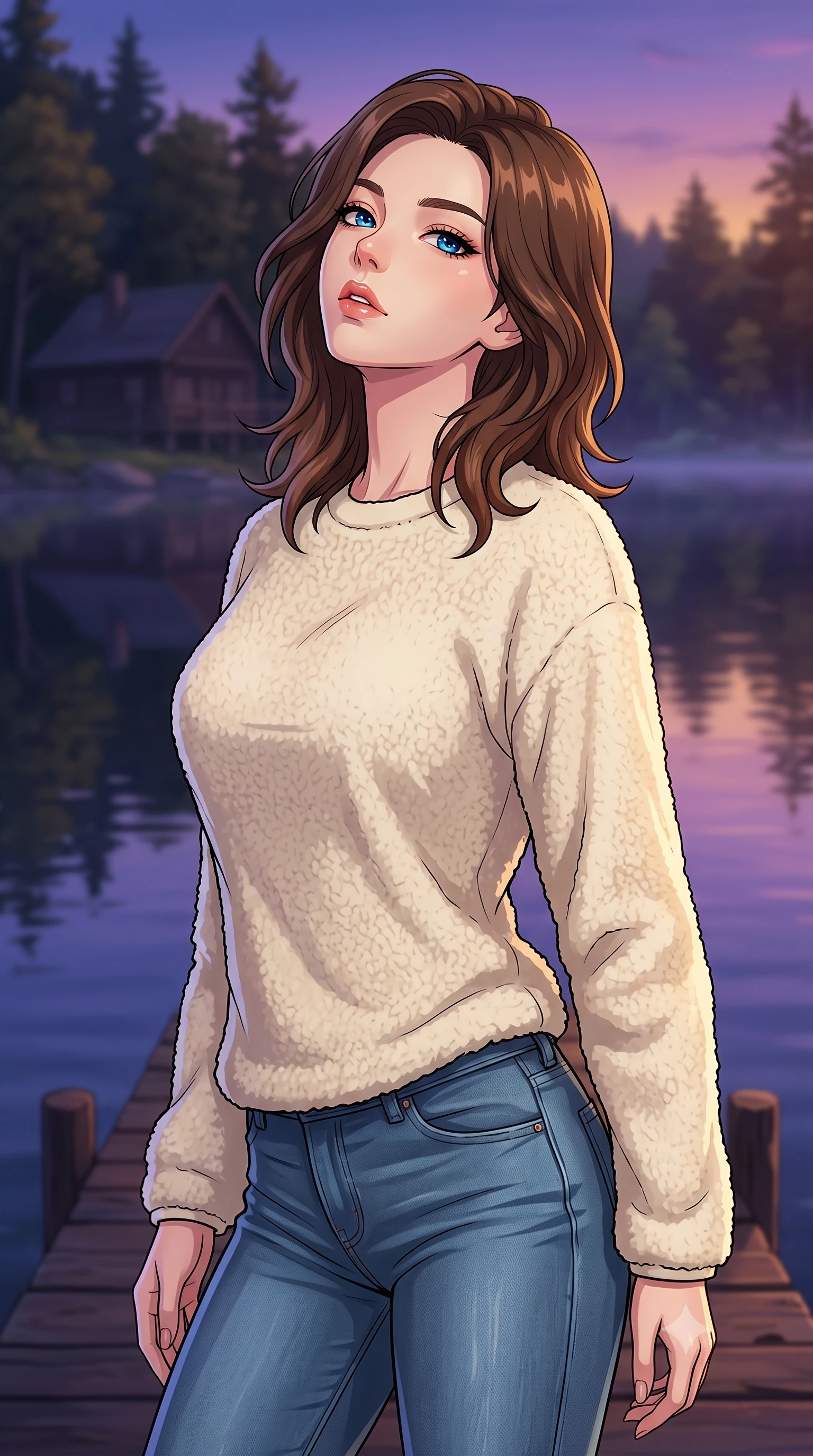 score_9, masterpiece, best quality, ultra-detailed, high-budget anime keyframe, tasteful artistic composition, Korean woman. close-up cowboy shot from the waist and thighs up, the character dominates the composition, filling the frame with her large presence, background elements kept in soft focus. tilting her chin up slightly with lips parted in a composed, provocative expression the background shows a soft-focus a private lakehouse wooden pier extending over a calm forest lake. She has an exceptionally elegant, slender, and willowy female figure with an ultra-slim waist, a gracefully sculpted slender torso, and a refined silhouette. sharp v-shaped jawline, high-bridge nose, intricate jewel-like eyes with depth, thick eyelashes, glossy lips with a natural sheen. wearing a tailored comfortable cream fleece sweater over blue denim jeans. the serene purple and blue hues of twilight reflecting on the still water. highly saturated vibrant anime colors, cel-shading, 2d style, master piece, 9:16 ratio
