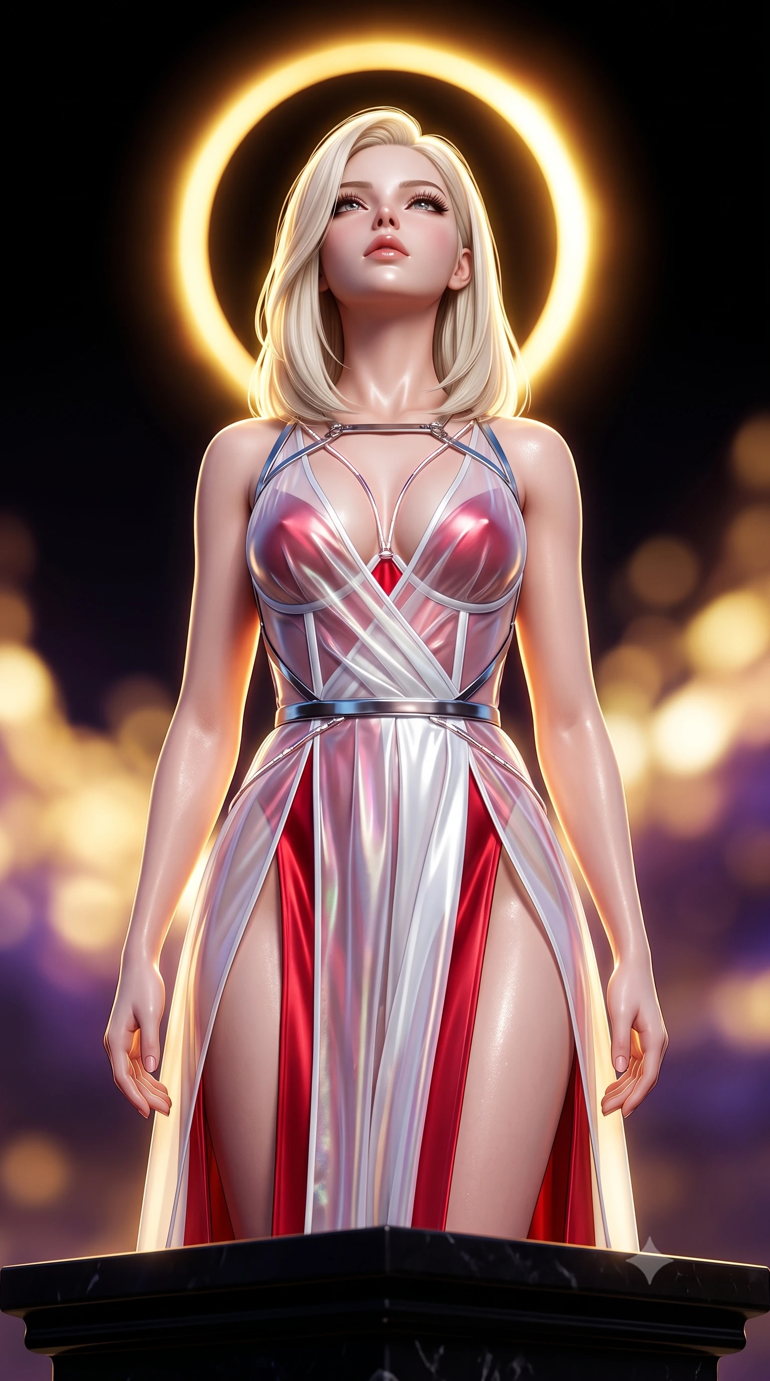 score_9, masterpiece, best quality, ultra-detailed, high-budget anime keyframe, semi-realistic 3D game render, editorial fashion photography, tasteful artistic composition, Caucasian woman. close-up cowboy shot from the waist and thighs up, the character dominates the composition, filling the frame with her large presence. tilting her head back with a sensual alluring expression, exposing her throat and shoulders to the camera with heavy lashes and softly parted glossy lips while standing with sovereign authority atop a black obsidian temple altar as a total solar eclipse crowns the sky in a golden ring. The composition keeps background elements in soft focus with creamy bokeh. blazing golden eclipse corona ring and black velvet sky blurred into intense, dramatic golden-violet bokeh. She has an exceptionally elegant, slender, and willowy female figure with an ultra-slim waist, a gracefully sculpted slender torso, toned flat midriff, and a refined slim silhouette. sharp v-shaped jawline, high-bridge nose, intricate jewel-like eyes with depth, thick eyelashes, glossy lips with a natural sheen, flawlessly proportioned anatomical accuracy, strict slender model proportions, natural body alignment, perfectly sculpted long slender limbs, ultra-slim waistline, clean dynamic posture without body distortion. wearing a translucent iridescent organza wrap dress with structured bustier boning, plunging neckline, and high-cut dual leg slits in radiant crimson silk and crisp snow white, made of liquid metal jersey that clings flawlessly to every contour of her build, reinforced by a sleek metallic chrome harness and delicate glowing micro-straps, the sleek second-skin cut tightly hugging her graceful clavicle, narrow waist, and feminine curves with athletic precision. surrounded by an awe-inspiring, mysterious, and fiercely sensual solar empress aura. highly saturated vibrant anime colors, detailed shading with soft gradients, rich glossy textures, high-contrast stereoscopic depth, volumetric dynamic lighting, master piece, 9:16 ratio