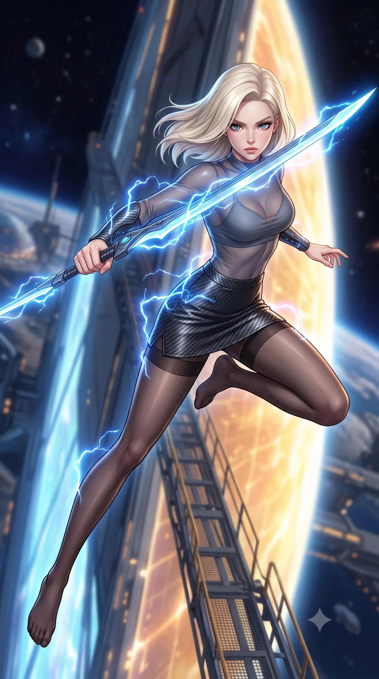 score_9, masterpiece, best quality, ultra-detailed, high-budget anime keyframe, editorial fashion photography, tasteful artistic composition, Caucasian woman. low angle full-body shot from head to toe showing her feet, filling the entire 9:16 vertical frame with her statuesque presence, stretching her vertical silhouette. leaping forward while slashing with a twin-bladed plasma sword in mid-air, her body-contouring suit showing her athletic silhouette, the background shows a soft-focus a maintenance catwalk tracking along the edge of a solar wind collector. She has an absolutely perfect, statuesque 8.5-heads proportion, an exceptionally tall and slender model-like female figure with impossibly long slender legs and an ultra-slim waist. sharp v-shaped jawline, high-bridge nose, intricate jewel-like eyes with depth, thick eyelashes, glossy lips with a natural sheen. wearing a slim-fit semi-transparent mesh top in slate grey, paired with a carbon-fiber mini skirt and sheer stockings. arcs of blue solar plasma discharging and illuminating her carbon armor. highly saturated vibrant anime colors, detailed shading with soft gradients, rich glossy textures, high-contrast stereoscopic depth, volumetric dynamic lighting, master piece, 9:16 ratio