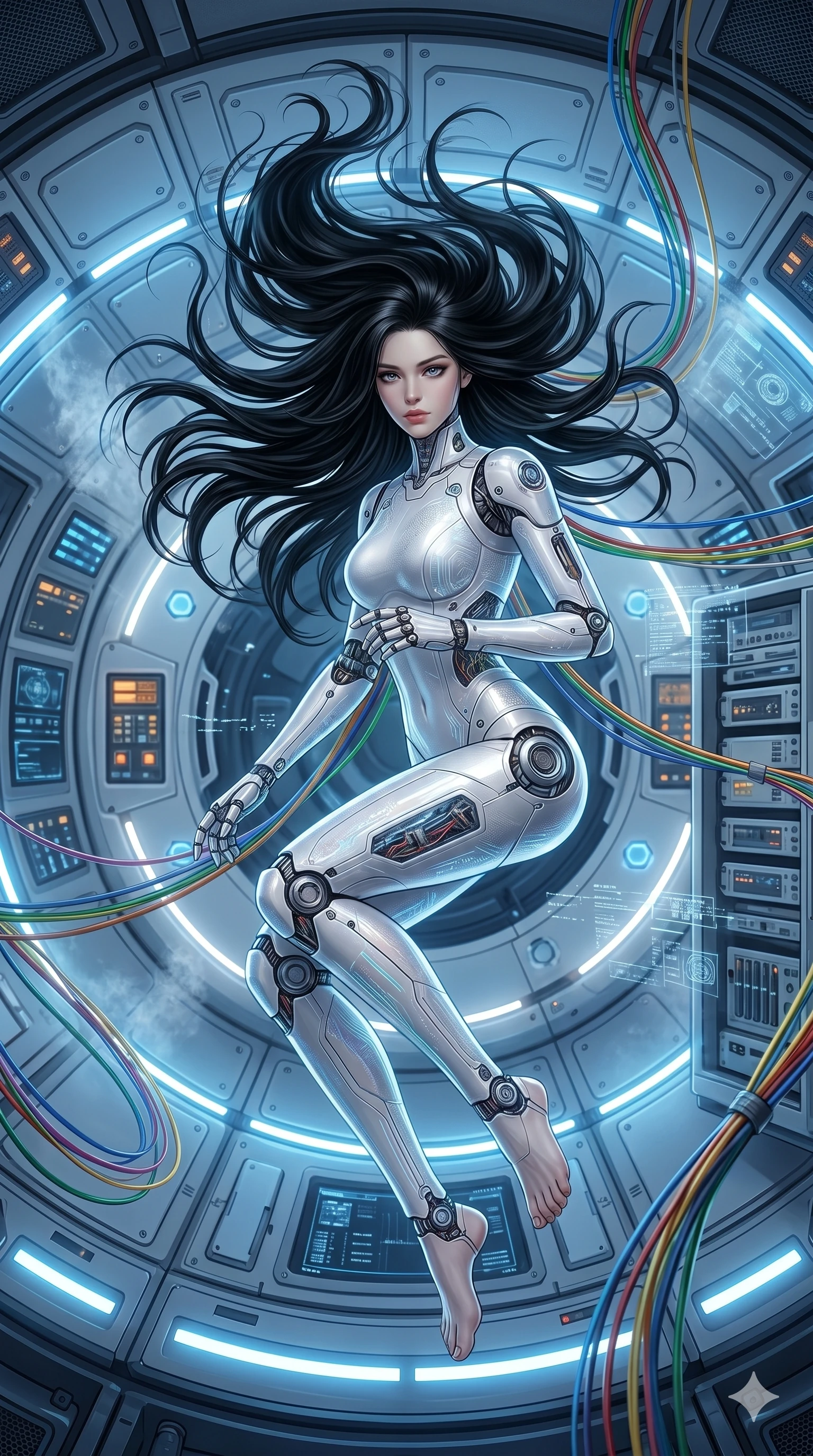 score_9, score_8_up, score_7_up, source_anime, masterpiece, best quality, ultra-detailed, same character with long flowing black hair, wearing a skin-tight white futuristic android body suit with synthetic joints, full body shot floating gracefully in a zero-gravity spherical chamber, high-tech laboratory, cool blue lighting, cables floating, 2k, 9:16 ratio