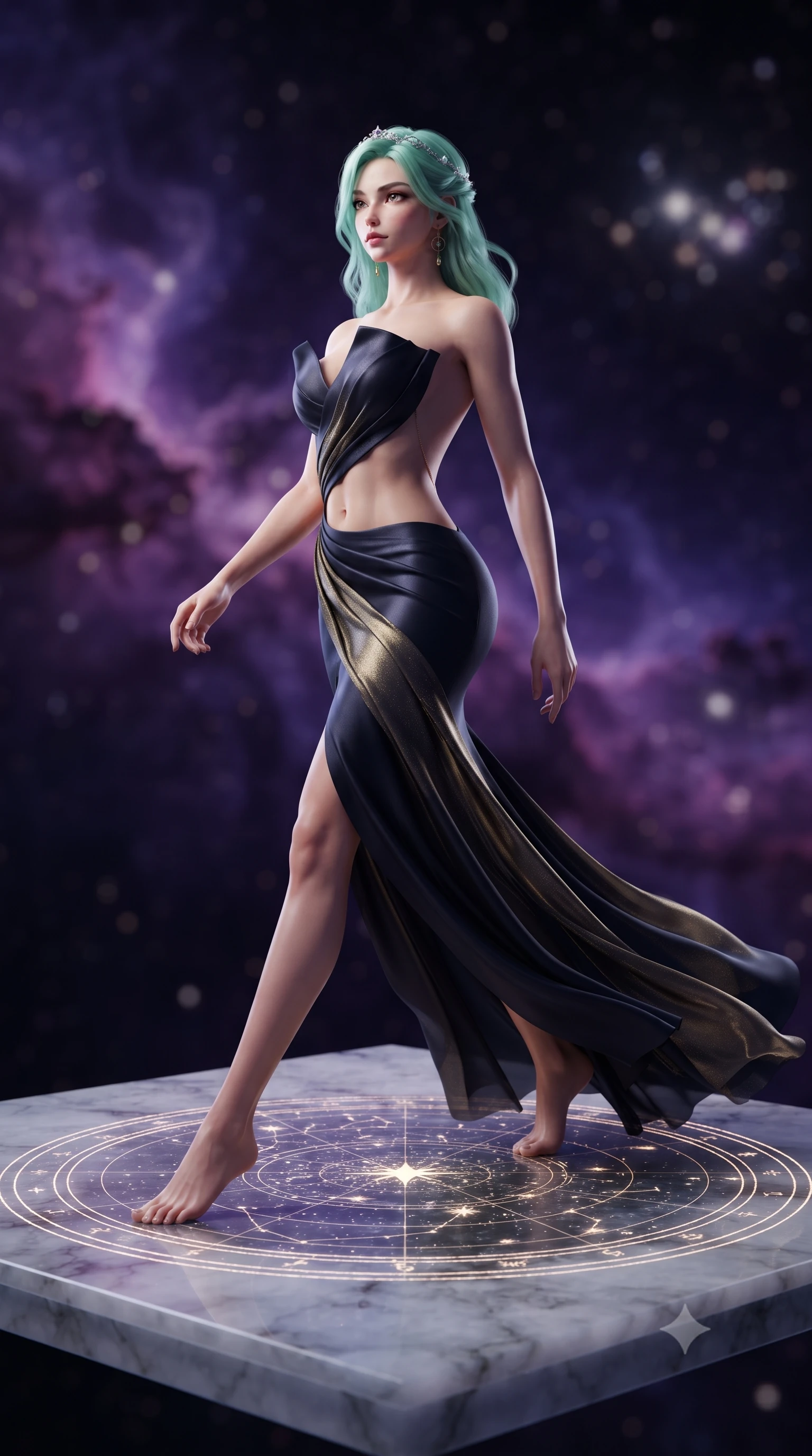 score_9, masterpiece, best quality, ultra-detailed, high-budget anime keyframe, editorial fashion photography, tasteful artistic composition, Japanese woman. low angle full-body shot from head to toe showing her feet, filling the entire 9:16 vertical frame with her statuesque presence, stretching her vertical silhouette. sitting perched on the elevated ledge with hips angled toward the camera and legs crossed, displaying her toned midriff and flawlessly sculpted slender limbs while striding across the illuminated marble star-chart floor, hips swaying with sovereign cosmic empress charisma. The composition keeps background elements in soft focus with creamy bokeh. swirling violet and magenta nebula clouds and distant star clusters blurred into celestial indigo, pink, and diamond-white bokeh. She has an absolutely perfect, statuesque 8.5-heads proportion, an exceptionally tall and slender model-like female figure with impossibly long slender legs, a toned flat midriff, an ultra-slim waist, and beautifully sculpted feminine hips. sharp v-shaped jawline, high-bridge nose, intricate jewel-like eyes with depth, thick eyelashes, glossy parted lips with a natural sheen, intensely captivating and seductive bedroom-eyes expression, flawlessly proportioned anatomical accuracy, strict slender model proportions, natural body alignment, perfectly sculpted long slender limbs, ultra-slim waistline, clean dynamic posture without body distortion. wearing a midnight silk crepe mermaid gown featuring an architectural strapless neckline and bodycon hip hug in midnight obsidian black and liquid stardust gold, woven from layered gossamer chiffon with a weightless sweeping drape, accessorized with a delicate crystal circlet and celestial brass drop earrings, the dramatically scooped open back descending to the base of her spine, accentuating her razor-sharp statuesque lines and curvy hourglass silhouette. illuminated by starlight edge lights carving her slender waist, bare collarbones, and feminine hip line. ultra-reflective glossy finish, specular highlights, rich textural contrasts, high-contrast stereoscopic depth, volumetric dynamic lighting, 2k, ultra detail, master piece, 9:16 ratio