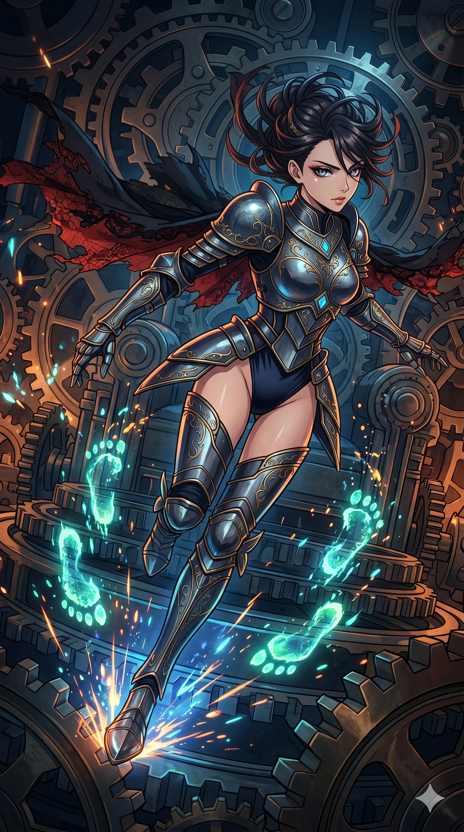 score_9, masterpiece, best quality, ultra-detailed, Set A: High-budget Anime Keyframe, Japanese woman. Upper body close-up from the thighs up, character filling the screen for maximum presence. Sliding through a throne of gears, as she leaves a trail of 298 glowing footprints and surrounded by glowing energy sparks. She has an absolutely perfect 8-heads proportion, an exceptionally tall and slender female figure with impossibly long slender legs and an ultra-slim waist. Sharp v-shaped jawline, high-bridge nose, intricate jewel-like eyes with depth, thick eyelashes, glossy lips with a natural sheen. Wearing Warrior-style plate armor over a high-cut silk leotard with tattered lace capes. Cinematic lighting, vibrant colors, dramatic shadows, 2k, ultra detail, master piece, 9:16 ratio