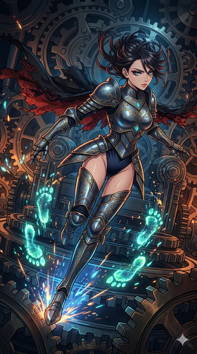 score_9, masterpiece, best quality, ultra-detailed, Set A: High-budget Anime Keyframe, Japanese woman. Upper body close-up from the thighs up, character filling the screen for maximum presence. Sliding through a throne of gears, as she leaves a trail