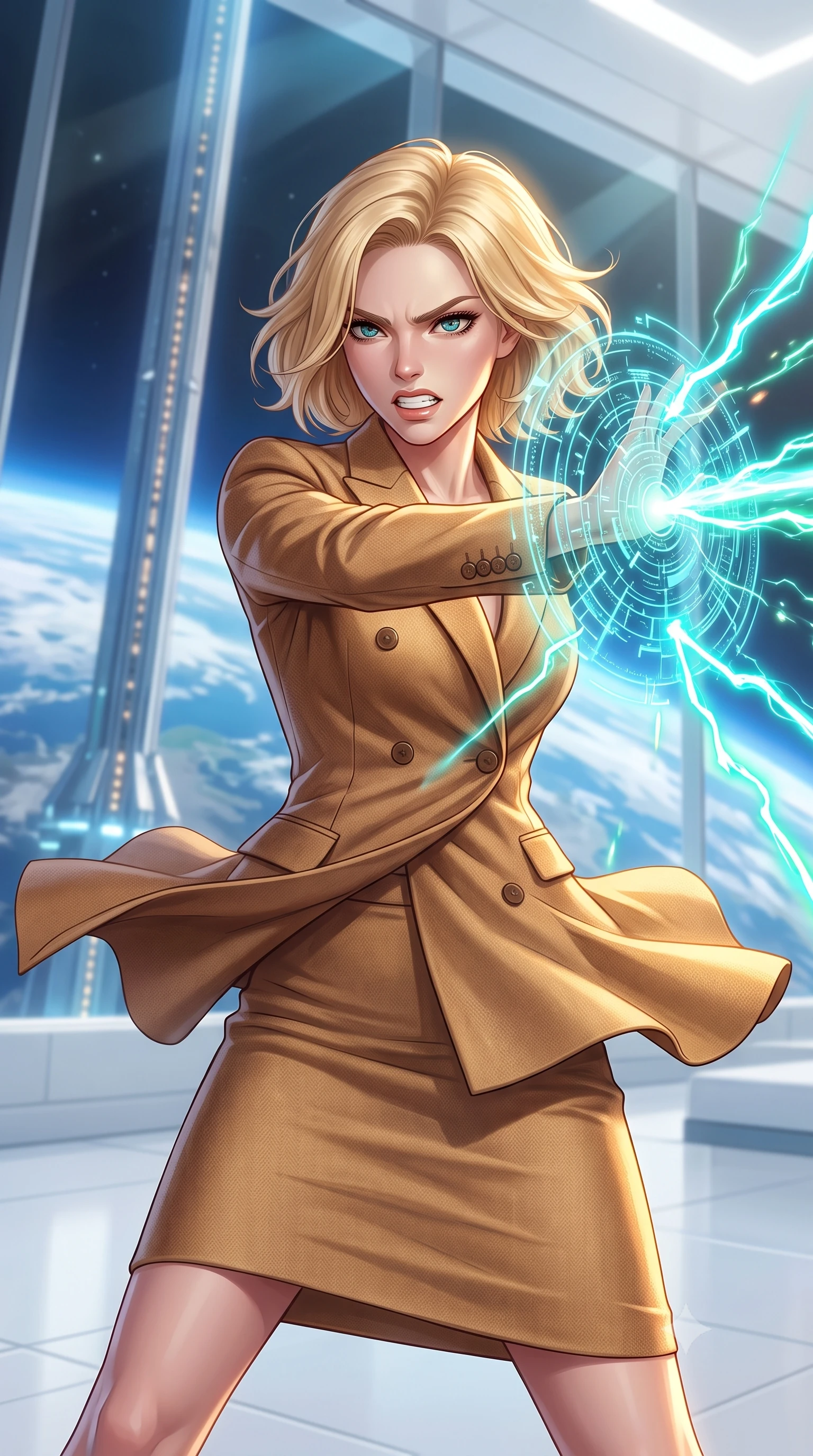 score_9, masterpiece, best quality, ultra-detailed, high-budget anime keyframe, editorial fashion photography, tasteful artistic composition, Caucasian woman, strictly human ears. close-up cowboy shot from the waist and thighs up, the character dominates the composition, filling the frame with her large presence, background elements kept in soft focus. Deflecting incoming plasma bolts with a glowing energy shield attached to her forearm, teeth grit in determination. set against a soft-focus background of a pristine white terminal overlooking the curvature of the Earth, giant glass walls revealing a massive elevator cable ascending to space. She has an exceptionally elegant and slender, willowy female figure with an ultra-slim waist, a gracefully sculpted slender torso, and a refined slim physique. sharp v-shaped jawline, high-bridge nose, intricate jewel-like eyes with depth, thick eyelashes, glossy lips with a natural sheen. wearing the lightweight fabric rippling and billowing dramatically with her movement, a tailored tailored double-breasted blazer worn closed over a slim matching skirt in a warm camel wool, accentuating her waist. highly saturated vibrant anime colors, intense vivid color palette, soft 3D volumetric shading, volumetric dynamic lighting, dramatic chiaroscuro with a single golden key light sculpting her silhouette. 2k, ultra detail, master piece, 9:16 ratio