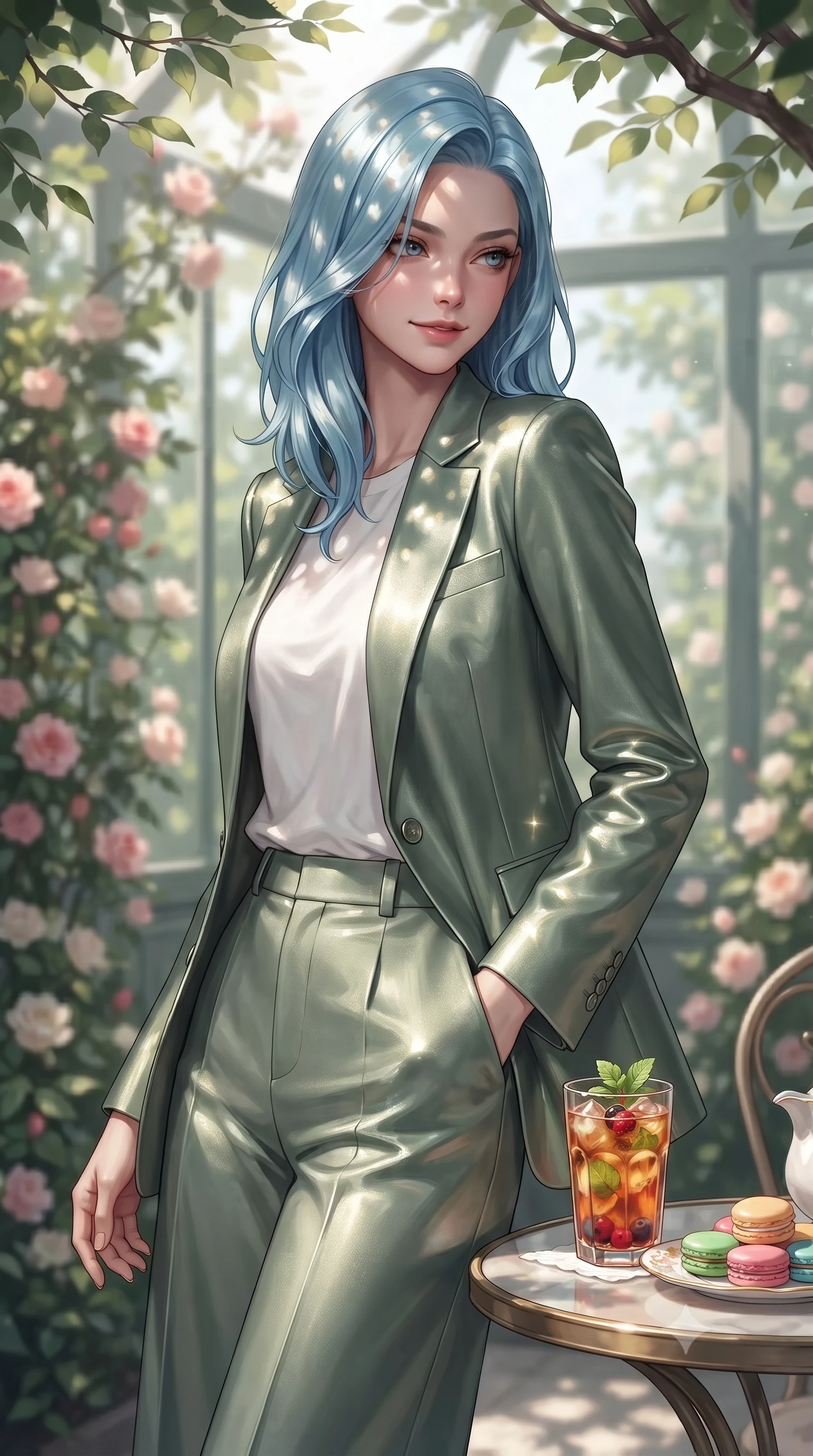 score_9, masterpiece, best quality, ultra-detailed, high-budget anime keyframe, editorial fashion photography, tasteful artistic composition, Korean woman. close-up cowboy shot from the waist and thighs up, the character dominates the composition, filling the frame with her large presence, background elements kept in soft focus. glancing sidelong over her shoulder with an intoxicating, lingering stare and a subtle, knowing smile set against a soft-focus background of inside an exclusive rose conservatory with a glass of iced fruit tea and delicate macaron pastries arranged on the table. She has an exceptionally elegant, slender, and willowy female figure with an ultra-slim waist, a gracefully sculpted slender torso, and a refined silhouette. sharp v-shaped jawline, high-bridge nose, intricate jewel-like eyes with depth, thick eyelashes, glossy lips with a natural sheen. wearing tailored sage green metallic jersey tailored casual blazer paired with a loose tee and wide-leg trousers featuring refined tailored seams. highlighted by dappled sunlight filtering through leafy branches, creating soft organic patterns. ultra-reflective glossy finish, specular highlights, metallic sheen, high-contrast stereoscopic depth, volumetric dynamic lighting, 2k, ultra detail, master piece, 9:16 ratio