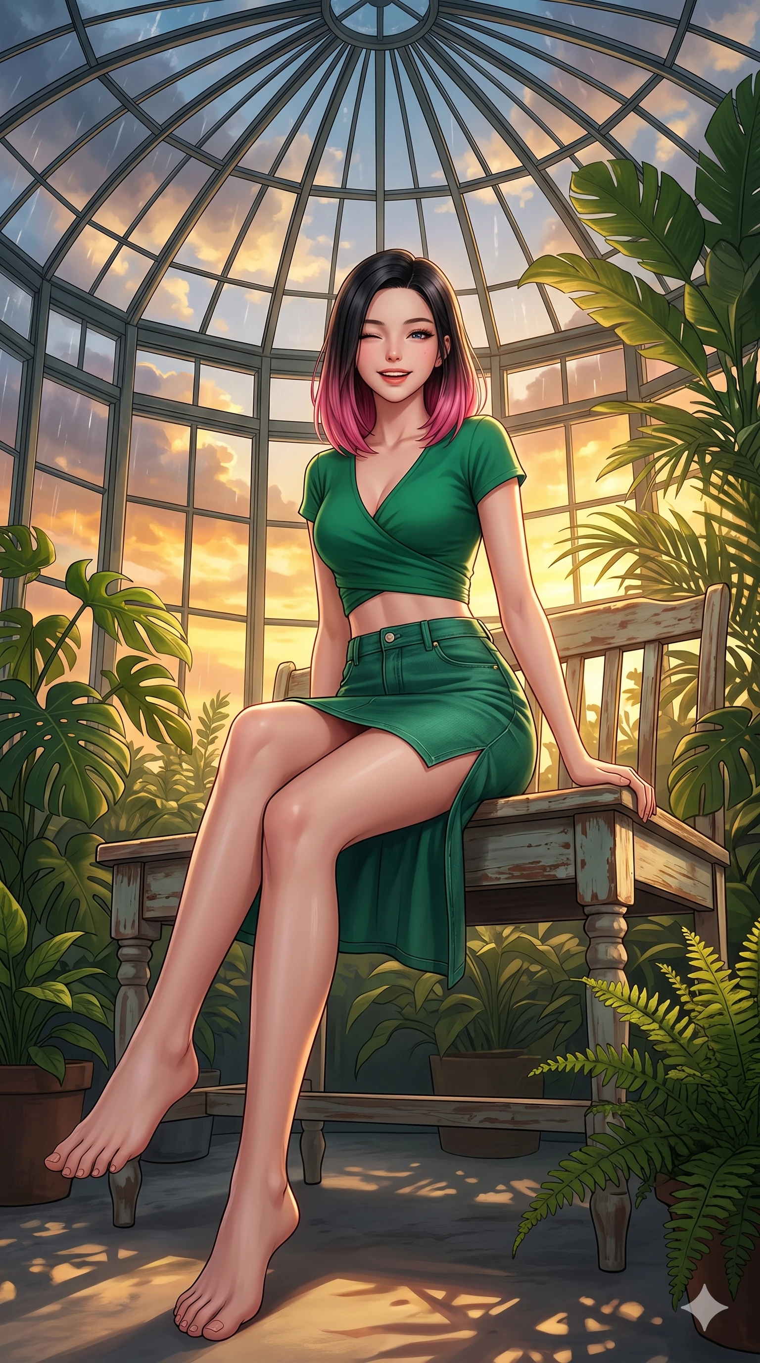 score_9, masterpiece, best quality, ultra-detailed, high-budget anime keyframe, vibrant anime aesthetic, Korean woman. low angle full-body shot from head to toe showing her feet, filling the entire 9:16 vertical frame with her statuesque presence, stretching her vertical silhouette. She is sitting on a vintage bench, winking with a playful and bright expression, her eyes shining with genuine joy under the glass conservatory dome. inside a luxury penthouse conservatory with a panoramic glass wall showing rain clouds parting for a golden sunset (Code-P22-060). She has an absolutely perfect 8-heads proportion, an exceptionally tall and slender female figure with impossibly long slender legs and an ultra-slim waist. V-shaped jawline, high-bridge nose, intricate jewel-like eyes with depth, thick eyelashes, glossy lips with a natural sheen. wearing a cropped wrap top and a matching denim skirt with a refined side vent in emerald green. She is drenched in warm, golden afternoon sunbeams filtering through dense green monstera leaves, creating a cinematic, high-budget anime lighting effect in the cozy indoor garden. 2k, ultra detail, master piece, 9:16 ratio