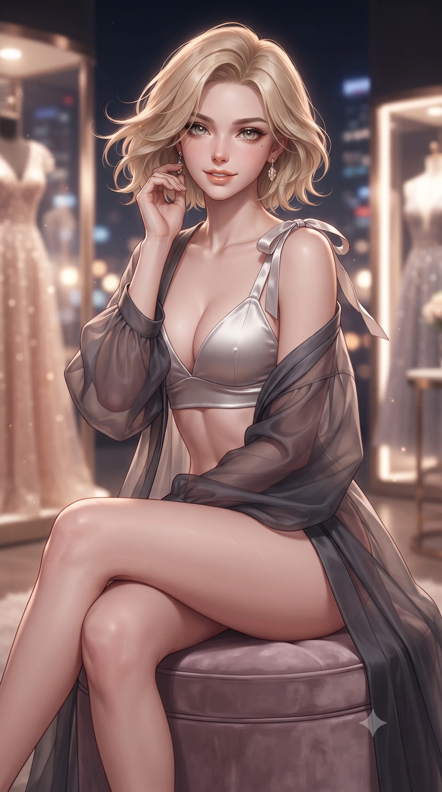 score_9, masterpiece, best quality, ultra-detailed, high-budget anime keyframe, editorial fashion photography, tasteful artistic composition, Caucasian woman. close-up cowboy shot from the waist and thighs up, the character dominates the composition, filling the frame with her large presence. turning slowly with an enchanting smoldering smile, her glossy hair tossing in the breeze as her hips angle gracefully in a captivating contrapposto while sitting poised on the circular velvet vanity ottoman with legs crossed, arching her lower back to highlight her curvy hips as she toys with her earrings. The background shows a soft-focus illuminated glass vitrines showcasing haute-couture dresses, backlit bevelled mirrors, and glittering Gangnam night crossroads blurred into champagne, rose-gold, and sapphire bokeh. She has an exceptionally elegant, slender, and willowy female figure with an ultra-slim waist, flat toned midriff, narrow ribcage, and sculpted feminine hips creating an alluring, slim hourglass silhouette without bulk. sharp v-shaped jawline, high-bridge nose, intricate jewel-like sparkling eyes with depth, thick eyelashes, glossy parted lips with a natural peach sheen, bright cheerful beaming smile with an enchanting and coquettish sensual glint, exuding both youthful cute charm and seductive allure, flawlessly proportioned anatomical accuracy, strict slender model proportions, natural body alignment, perfectly sculpted long slender limbs, ultra-slim waistline, clean dynamic posture without body distortion. wearing a flowing gossamer silk organza boudoir peignoir slipping off one shoulder over a form-fitting satin bralette in Hollywood starlight platinum and smoky charcoal, tailored from ultra-plush silk velvet with rich tactile depth and deep shadow gradients, finished with satin ribbon ties at the shoulders fluttering in the gentle breeze, the form-contouring silhouette accentuating her sculpted flat midriff, narrow delicate ribcage, and gracefully curvy hips with intoxicating allure. illuminated by mirror specular reflections and sharp rose-gold rim lights defining her features, flat midriff, and slender waist. ultra-reflective glossy finish, specular highlights, rich textural contrasts, high-contrast stereoscopic depth, volumetric dynamic lighting, 2k, ultra detail, master piece, 9:16 ratio