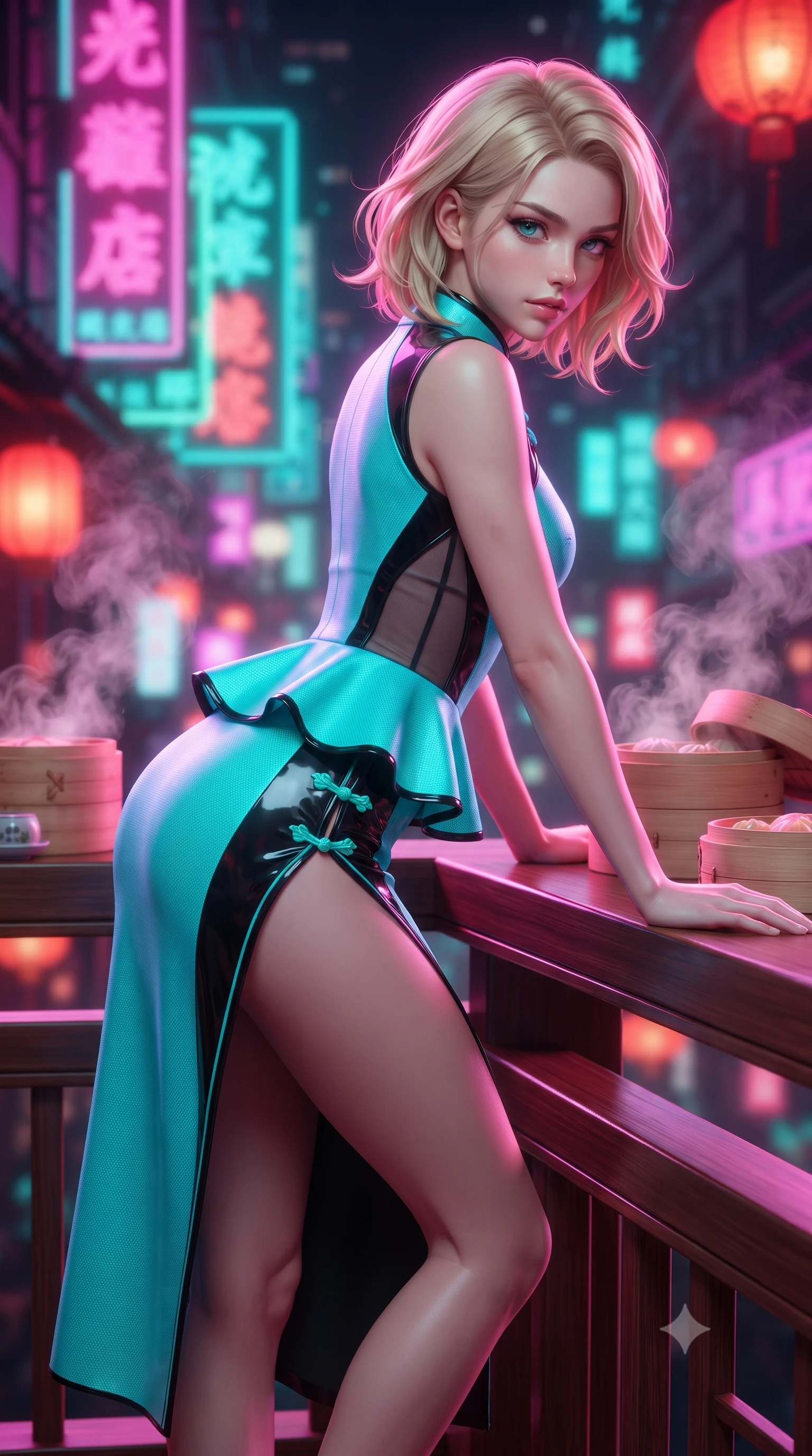 score_9, masterpiece, best quality, ultra-detailed, high-budget anime keyframe, editorial fashion photography, tasteful artistic composition, Caucasian woman. close-up cowboy shot from the waist and thighs up, the character dominates the composition, filling the frame with her large presence. leaning forward against the polished railing with her hips cocked back, creating an intoxicating curve from her narrow waist to sculpted hips as she gazes back into the lens while striding across the neon-drenched rooftop deck as steam curls from dim sum bamboo steamers, her high-slit dress fluttering to reveal her long slender legs. The composition keeps background elements in soft focus with creamy bokeh. swirling tea steam vapors and glowing neon kanji signs blurred into electric magenta, turquoise, and lantern-scarlet bokeh. She has an exceptionally elegant, slender, and willowy female figure with an ultra-slim waist, a gracefully sculpted slender torso, toned flat midriff, and rounded feminine hips creating an alluring hourglass silhouette. sharp v-shaped jawline, high-bridge nose, intricate jewel-like eyes with depth, thick eyelashes, glossy parted lips with a natural sheen, intensely captivating and seductive bedroom-eyes expression, flawlessly proportioned anatomical accuracy, strict slender model proportions, natural body alignment, perfectly sculpted long slender limbs, ultra-slim waistline, clean dynamic posture without body distortion. wearing a structural geometric peplum cheongsam with sheer side-ribbon cutouts and form-fitting skirt in neon electric cyan and lacquer black, made of seamless compression knit with anatomical curves sculpting, finished with an ultra-high side slit secured by miniature jade frog closures, the form-contouring material adhering flawlessly to her sculpted flat midriff and slender torso, emphasizing her long leg lines and perfectly proportioned willowy build. bathed in vibrant magenta and electric cyan neon light contrasting with warm lantern scarlet downlights. ultra-reflective glossy finish, specular highlights, rich textural contrasts, high-contrast stereoscopic depth, volumetric dynamic lighting, 2k, ultra detail, master piece, 9:16 ratio