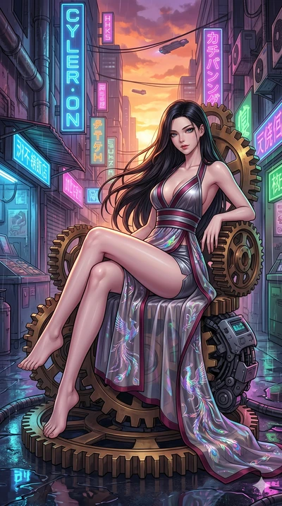 score_9, masterpiece, best quality, ultra-detailed, high-budget anime movie keyframe, cinematic anime lighting, intricate line art, Japanese woman. Dynamic full-body shot stretching the vertical silhouette across the 9:16 frame. resting on a throne o