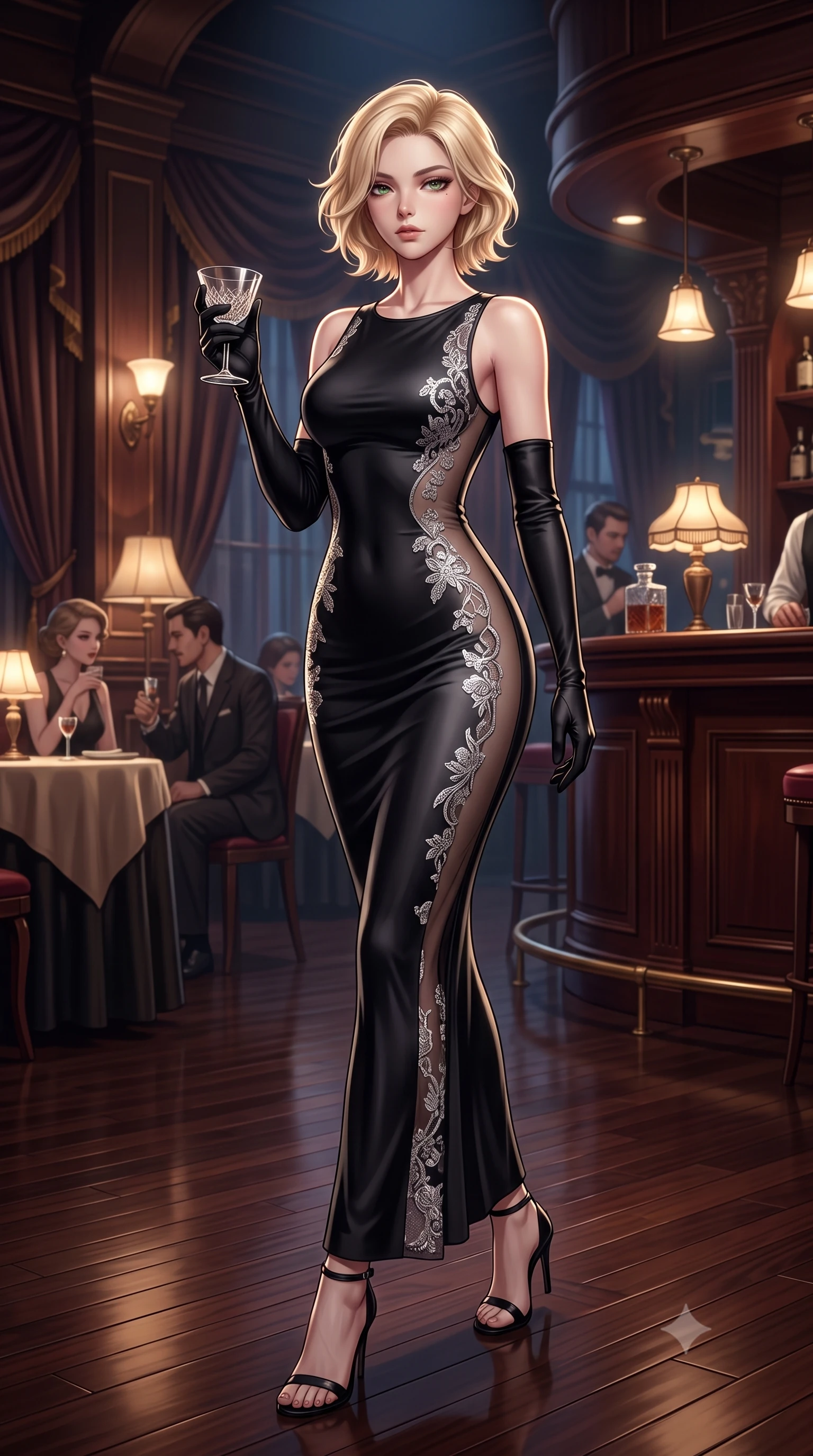score_9, masterpiece, best quality, ultra-detailed, high-budget anime keyframe, semi-realistic 3D game render, editorial fashion photography, tasteful artistic composition, Caucasian woman. low angle full-body shot from head to toe showing her feet, filling the entire 9:16 vertical frame with her statuesque presence, stretching her vertical silhouette. striding forward in a proud supermodel runway stride, hips swaying in an alluring kinetic rhythm that accentuates her curvy hourglass silhouette while gliding across the polished dark walnut dance floor with supermodel momentum, her dress tightly hugging her feminine curves. The surrounding environment is rendered in vivid detail and crisp panoramic clarity. intense atmospheric jazz-noir chiaroscuro and sophisticated speakeasy romance aesthetics in precision. She has an exceptionally tall and slender model-like 8.5-heads proportion, an ultra-slim waist, a flat toned midriff, narrow delicate ribcage, and beautifully sculpted feminine hips creating a graceful, slim hourglass silhouette without any bulky heaviness, with impossibly long slender legs. sharp v-shaped jawline, high-bridge nose, intricate jewel-like eyes with depth, thick eyelashes, glossy parted lips with a natural sheen, intensely captivating and seductive bedroom-eyes expression, flawlessly proportioned anatomical accuracy, strict slender model proportions, natural body alignment, perfectly sculpted long slender limbs, ultra-slim waistline, clean dynamic posture without body distortion. wearing a second-skin black silk jersey maxi dress with asymmetrical sheer mesh side panels tracing the full curve of her hip in shimmering silver mercury and pearl white, formed from shimmering floral lace over smooth opaque silk lining, accessorized with opera-length satin gloves and a vintage crystal glass, the glove-like aerodynamic silhouette tightly following the natural contour of her hips and long slender legs with statuesque 8.5-heads elegance. illuminated by rich specular rim lights defining her razor-sharp jawline, narrow waist, and curvy hips. highly saturated vibrant anime colors, detailed shading with soft gradients, rich glossy textures, high-contrast stereoscopic depth, volumetric dynamic lighting, master piece, 9:16 ratio